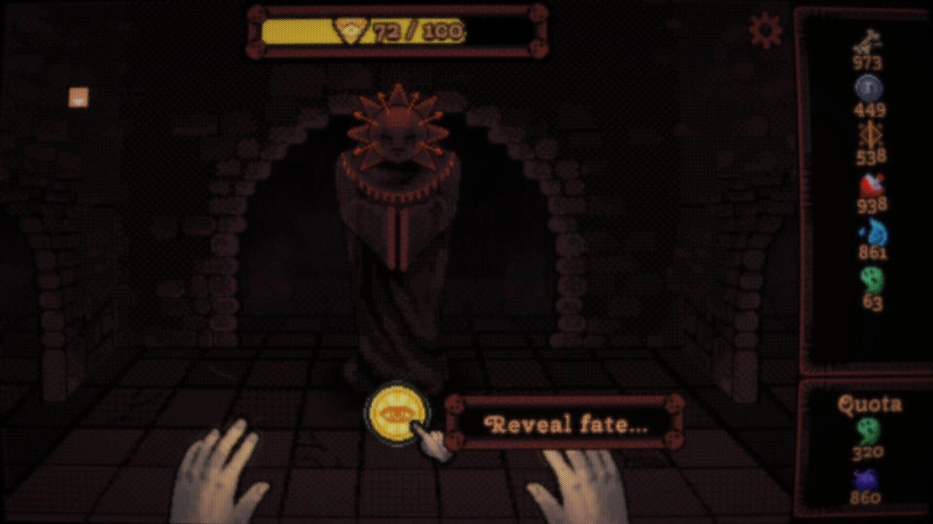 DEORUM: Clicking a glowing coin to reveal fate before a sun-faced statue in a dark stone chamber.