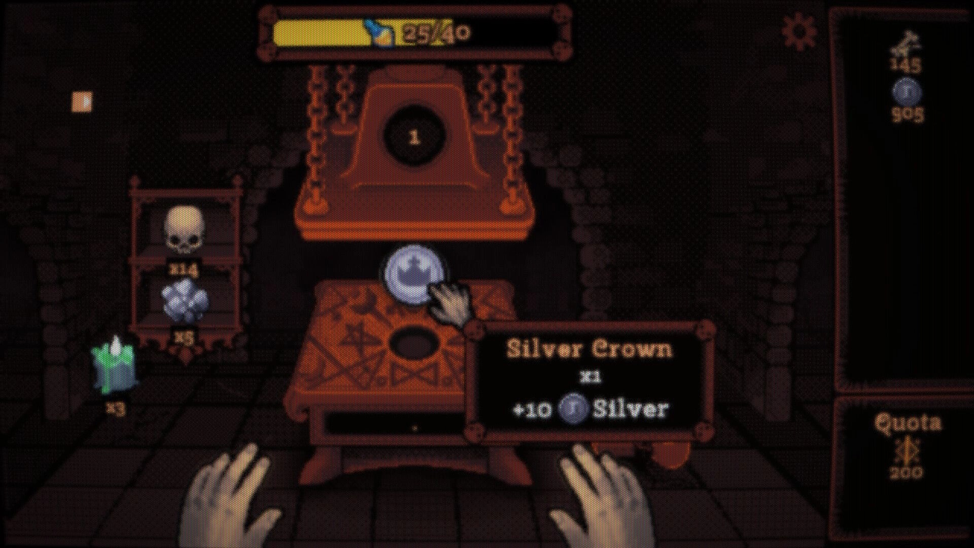 DEORUM: Cursor examines Silver Crown coin at altar table with inventory and quota UI in dungeon room.