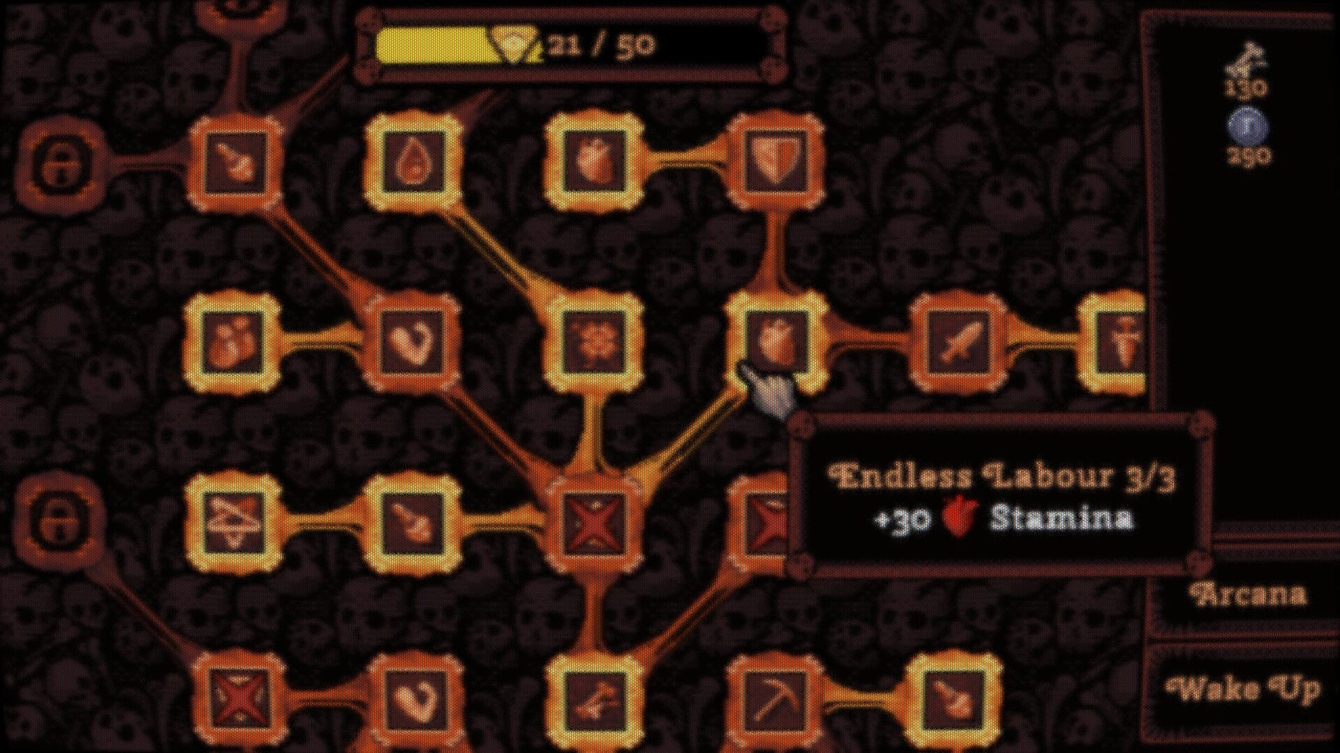 DEORUM: Skill tree nodes linked by paths with tooltip “Endless Labour 3/3” skull backdrop UI.