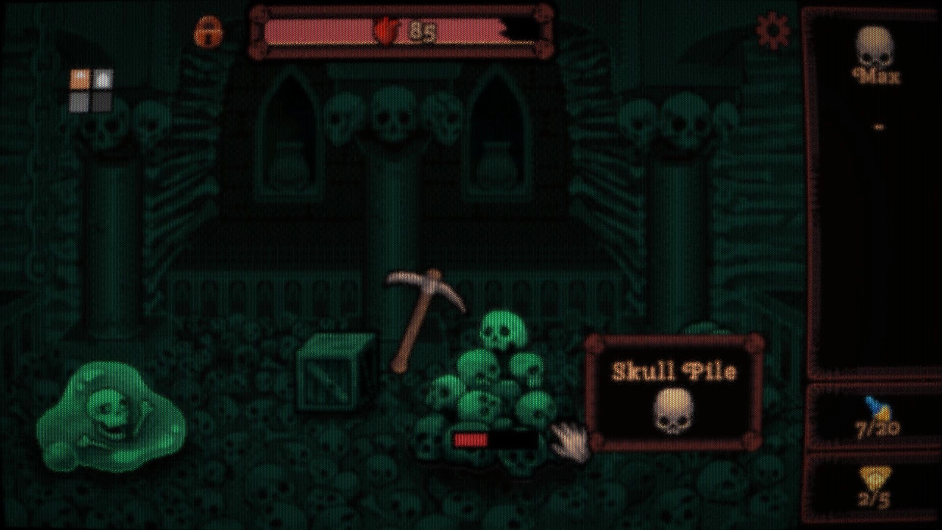 DEORUM: Cursor hovers over Skull Pile loot beside pickaxe and crate in skull-filled crypt room.