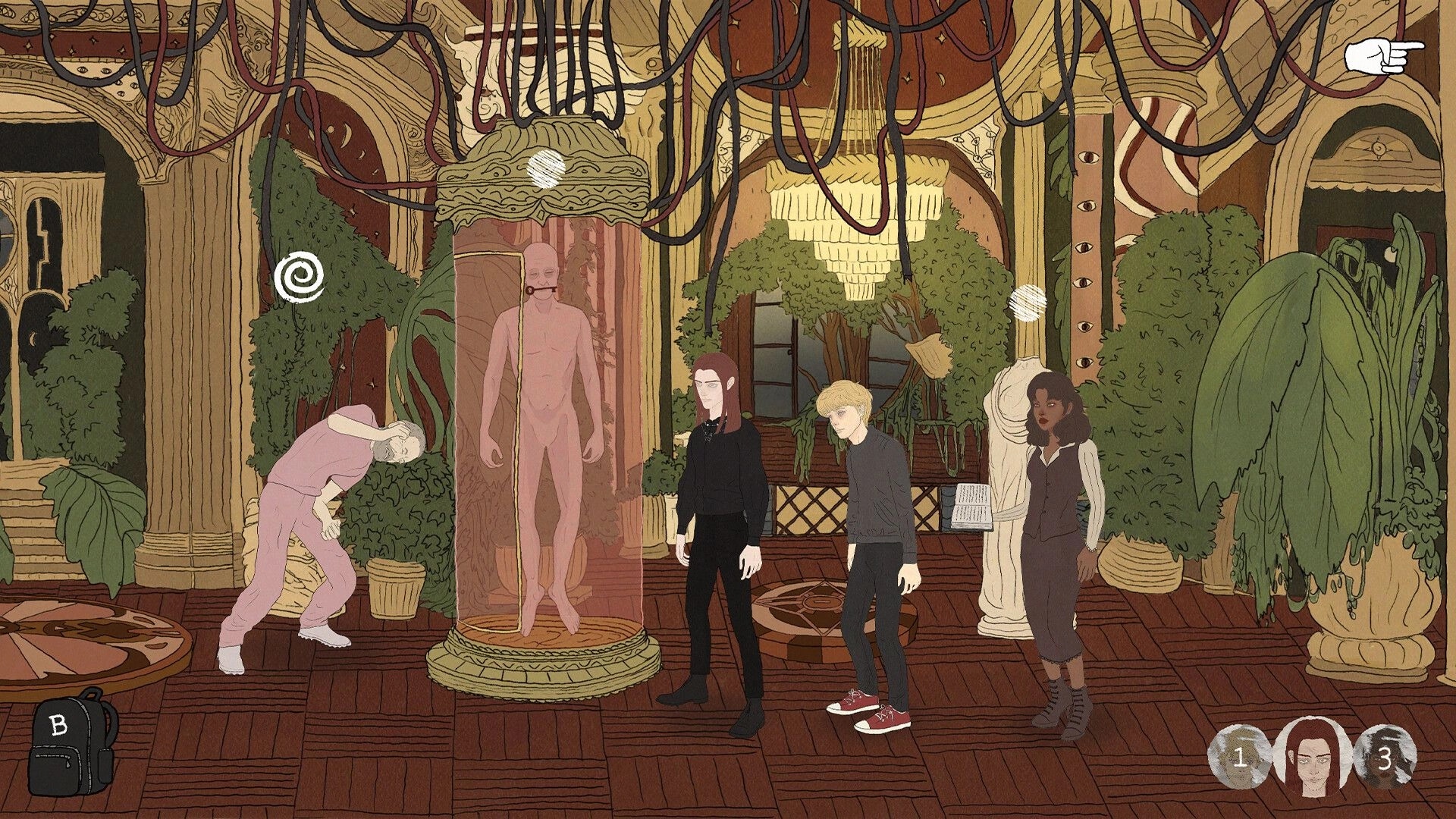 Deperson: Aaron and companions explore a lavish room with a figure in a glass pod and dense foliage.