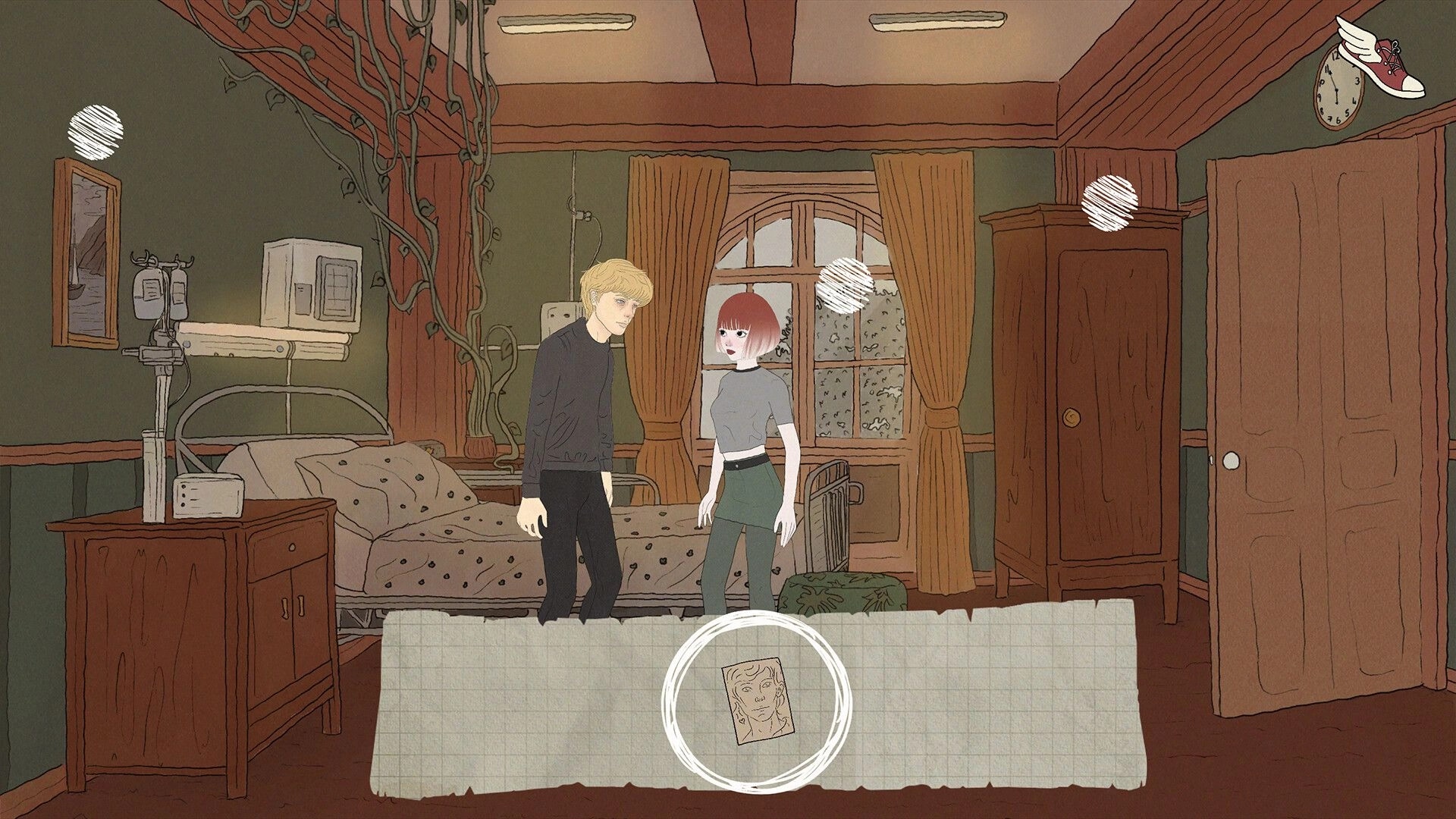 Deperson: Aaron and companion in a vintage room with hospital bed and vines on the walls