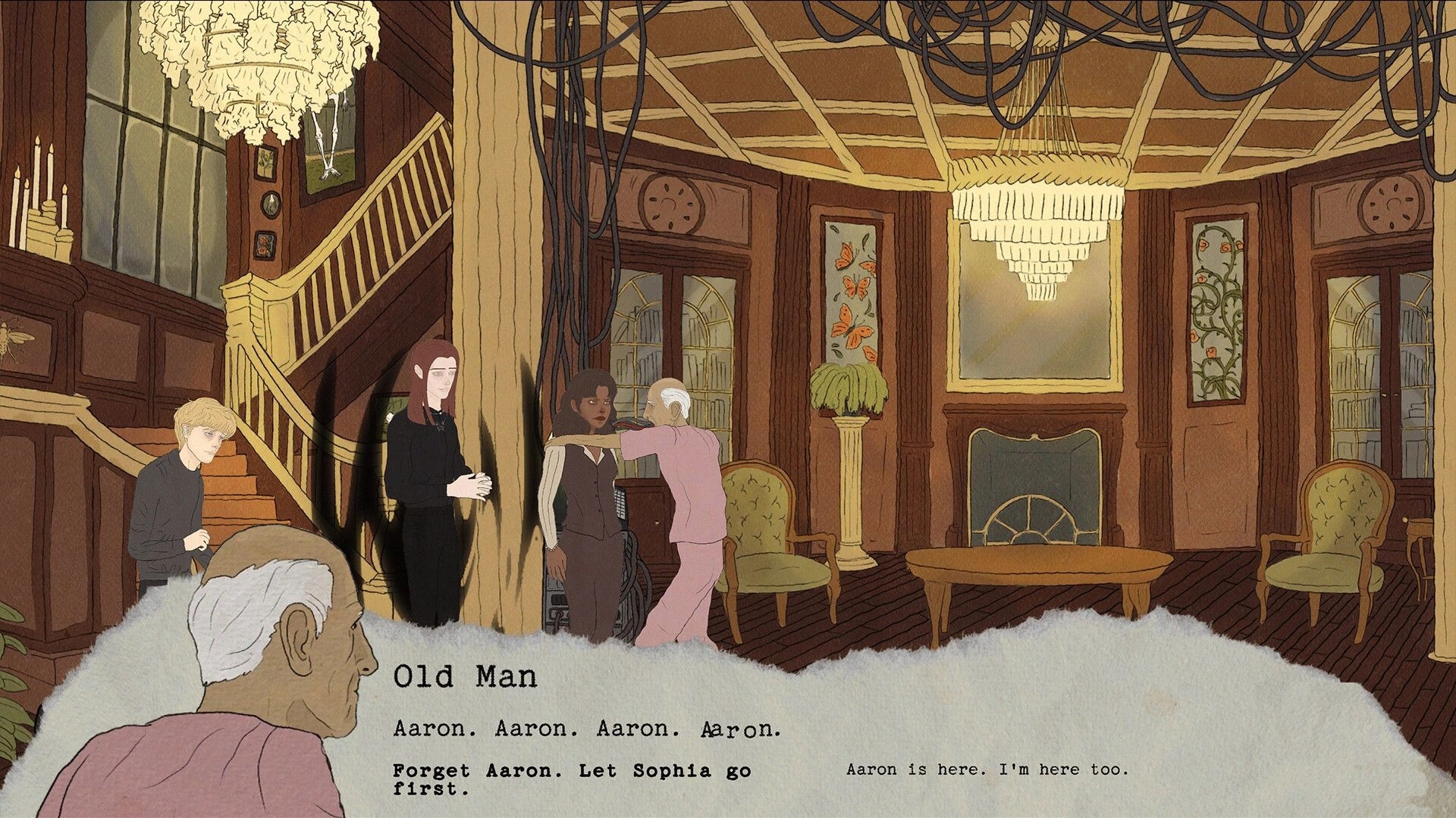 Deperson: Aaron and Sophia in a grand room with chandeliers and ornate decor, engaging in conversation.