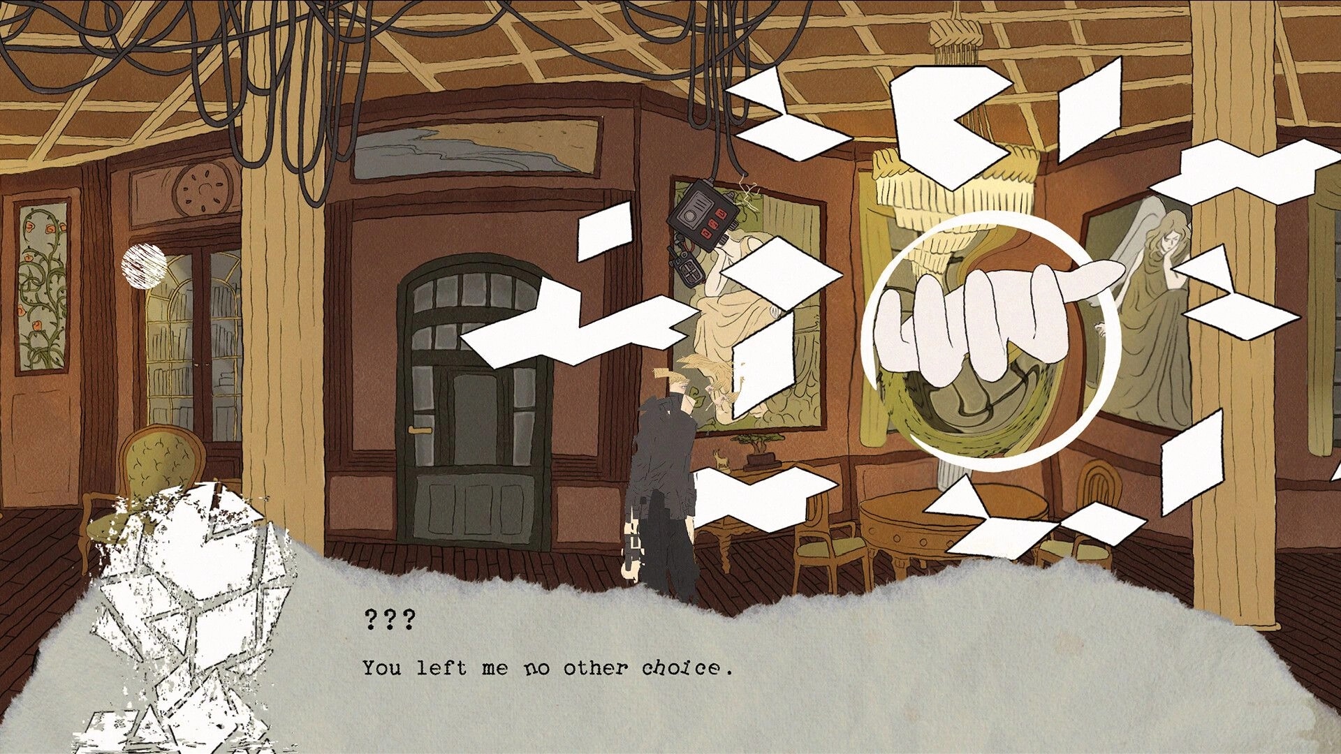 Deperson: Aaron encounters mysterious figure in dimly lit room with scattered papers and dialogue box