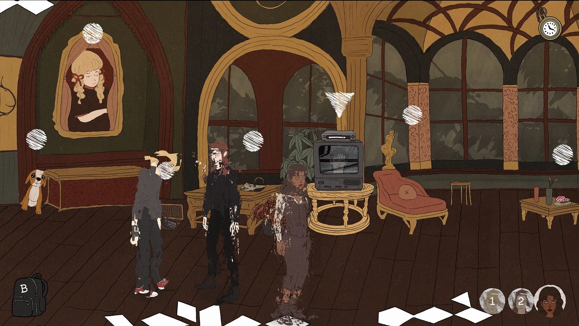 Deperson: Aaron explores a vintage room with eerie decor, encountering ghostly figures and a TV screen.