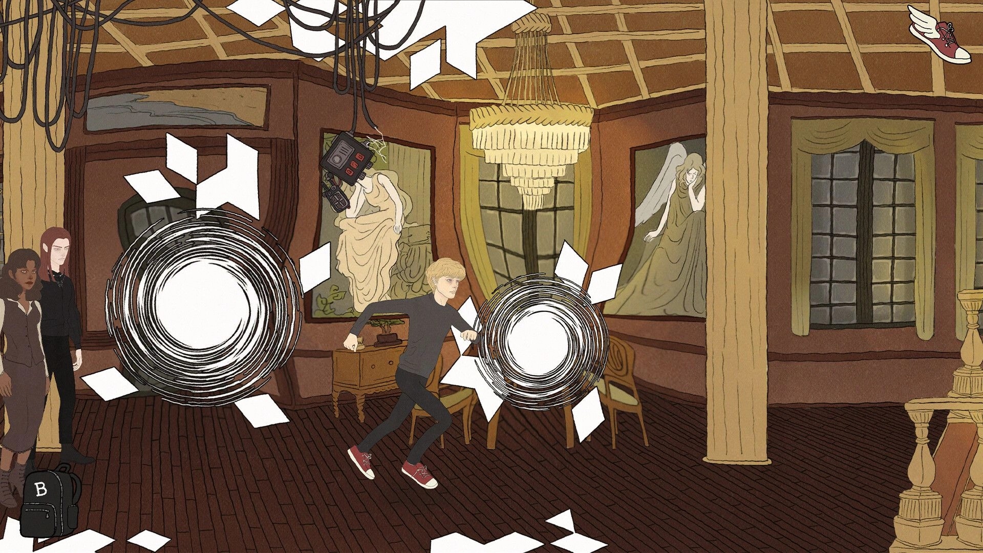 Deperson: Aaron runs through a grand room with shattered portals and mysterious paintings.