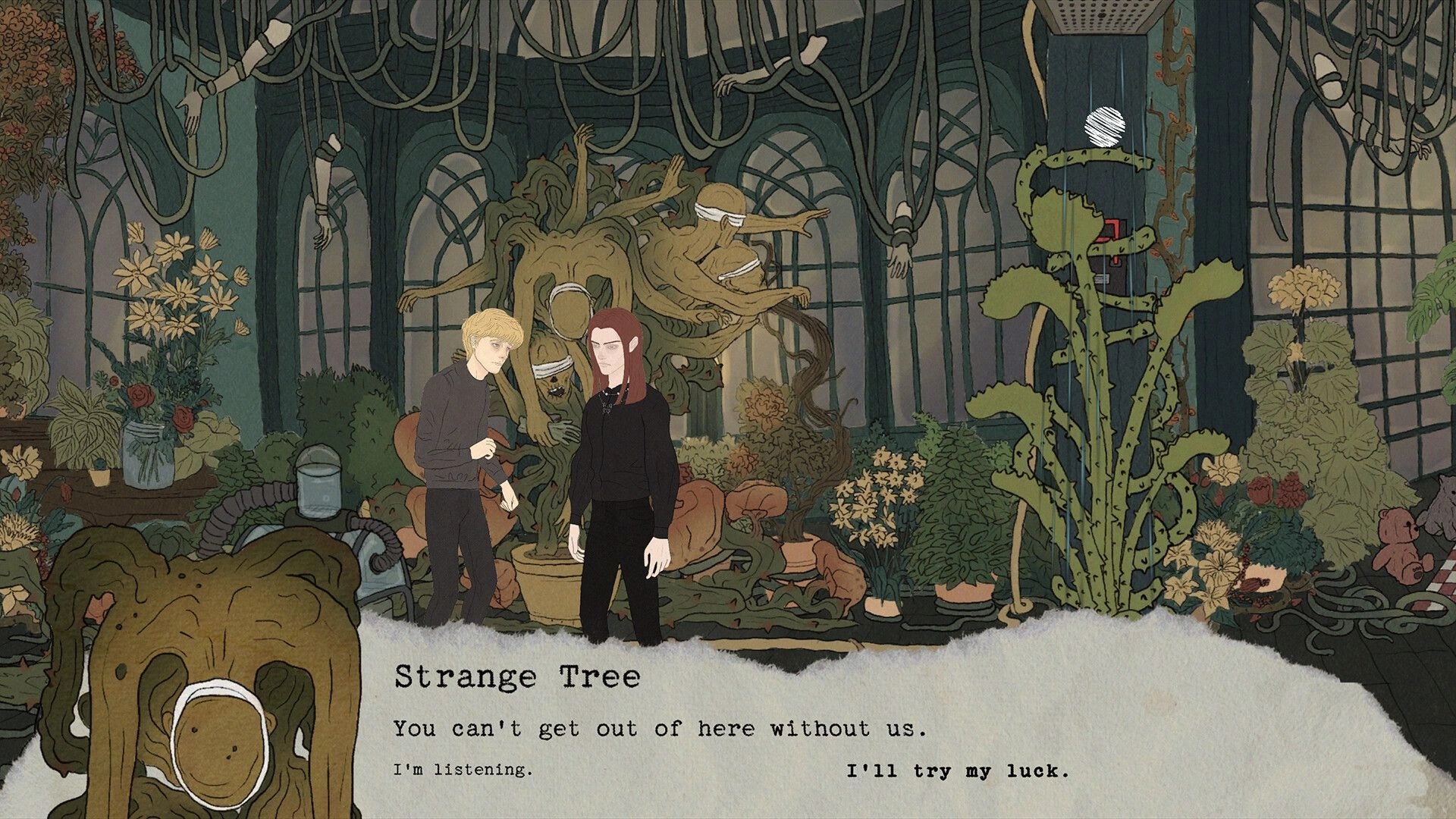 Deperson: Aaron and companion in a lush, eerie greenhouse with Strange Tree dialogue choices displayed.