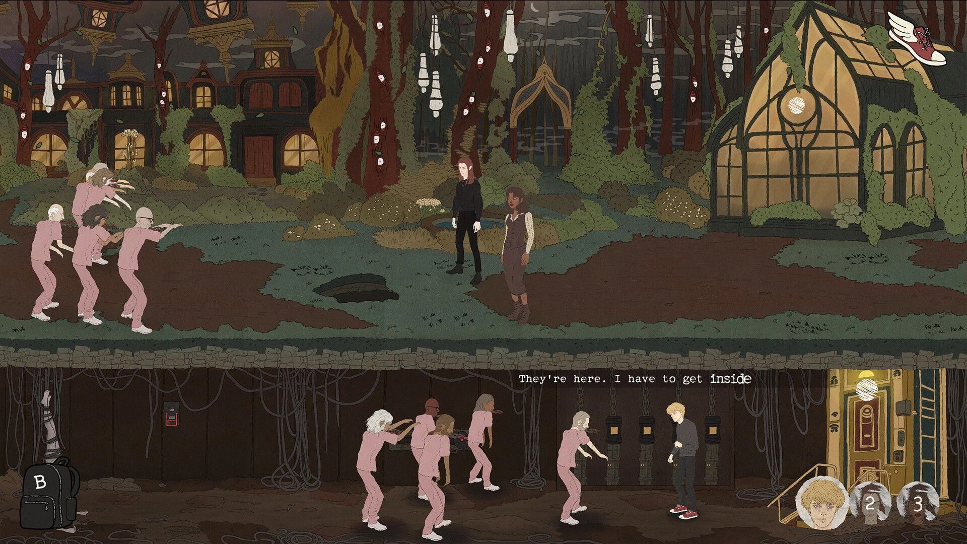 Deperson: Aaron and companion in eerie garden with approaching figures and underground facility below
