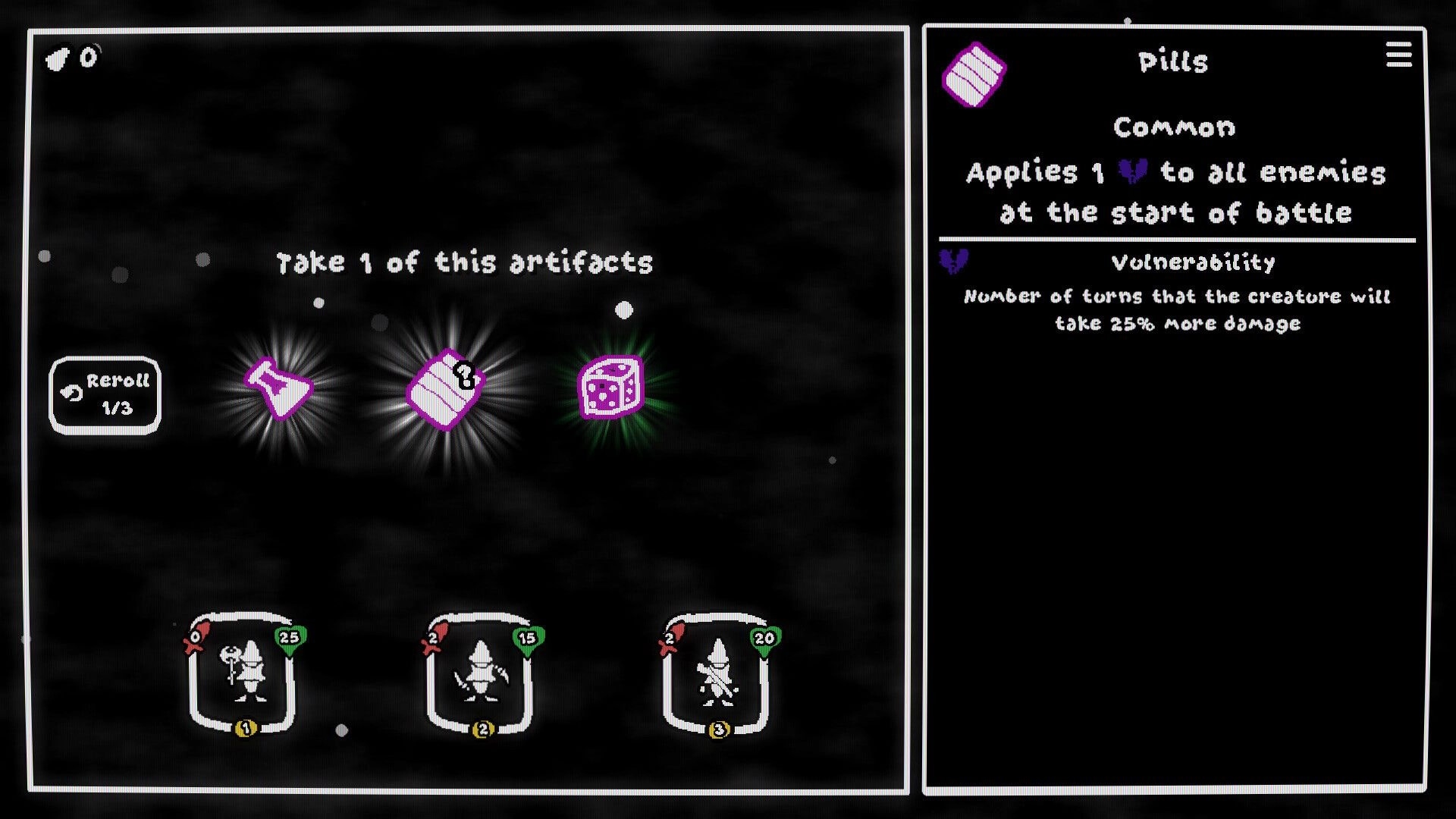 Depth of Mind: Artifact choice menu with reroll and three items; Pills tooltip on dark void screen.