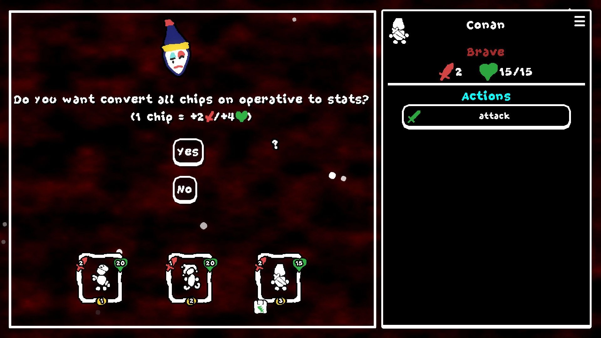 Depth of Mind: Convert chips to stats prompt with yes/no, Conan Brave panel and attack action menu.