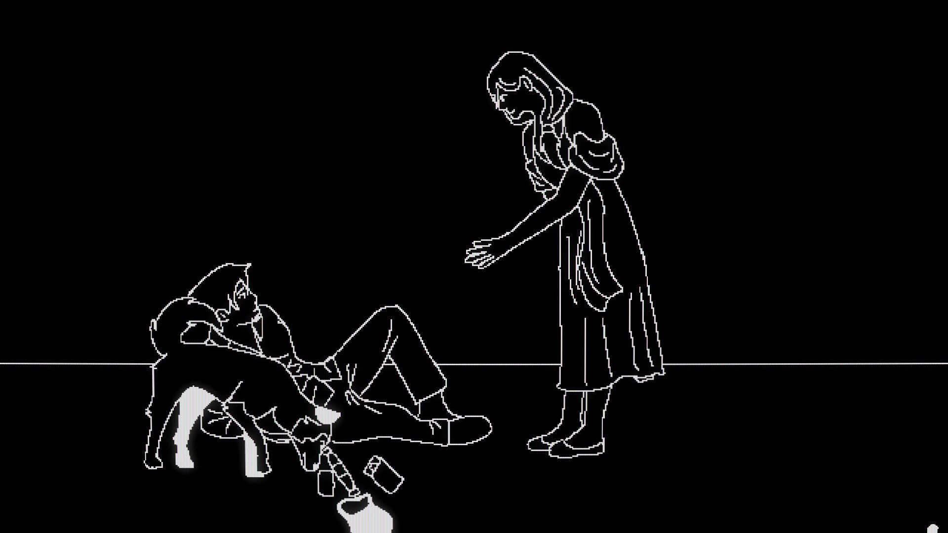 Depth of Mind: White outline woman reaching to man slumped in chair on black, empty background.