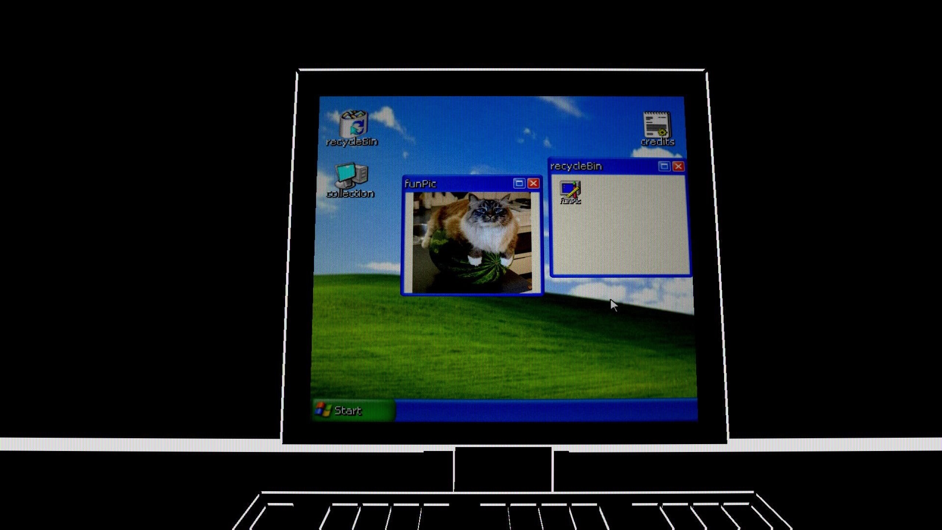 Depth of Mind: Retro desktop UI with cat photo window and recycleBin folder on grassy wallpaper screen.