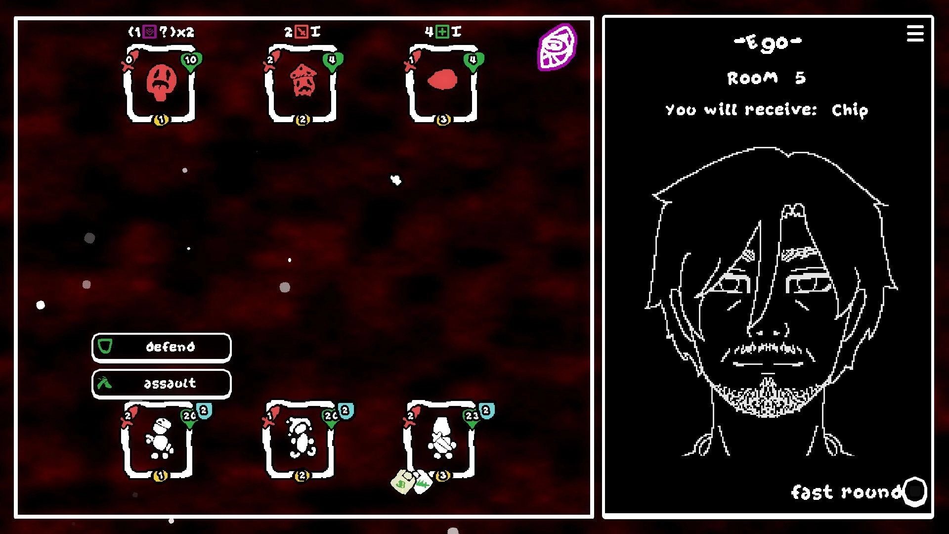 Depth of Mind: Card battle UI with defend and assault buttons beside Ego Room 5 portrait screen.