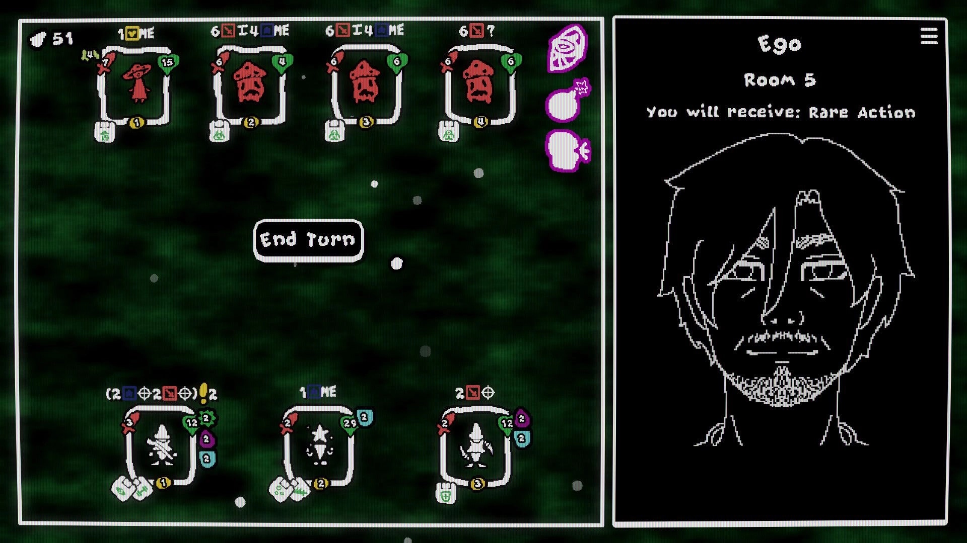 Depth of Mind: Turn-based battle UI with enemy cards and End Turn button, Ego Room 5 reward panel.
