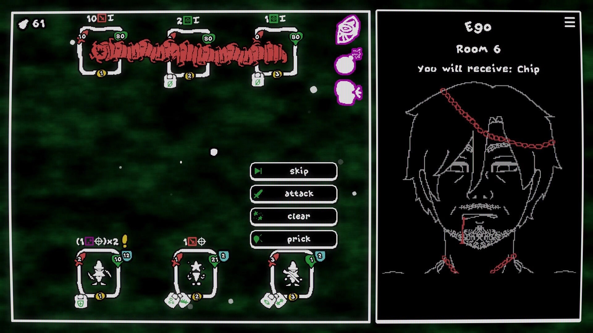 Depth of Mind: Turn-based battle UI with attack options and enemy cards, Room 6 reward screen beside it.