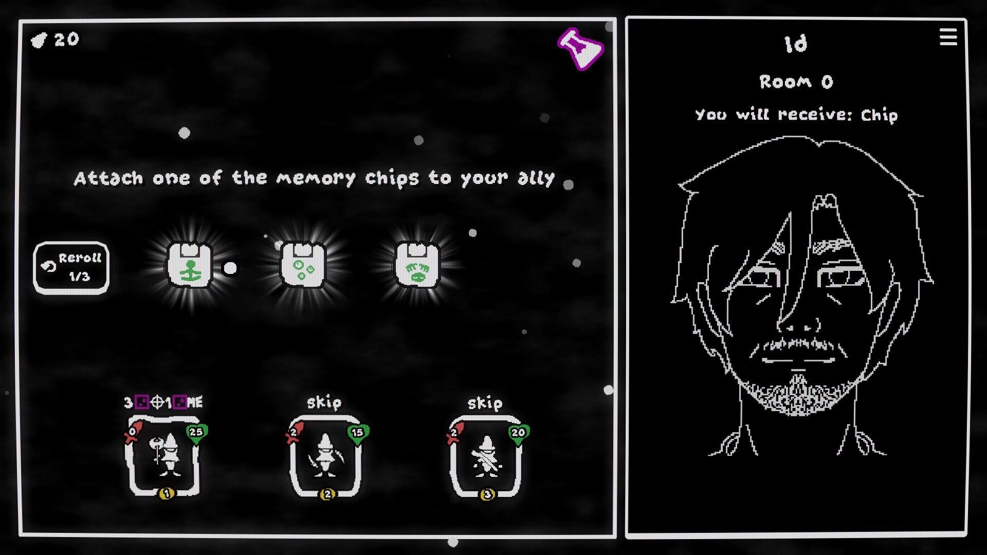 Depth of Mind: Choose a memory chip for an ally with reroll and three cards on a dark UI panel.