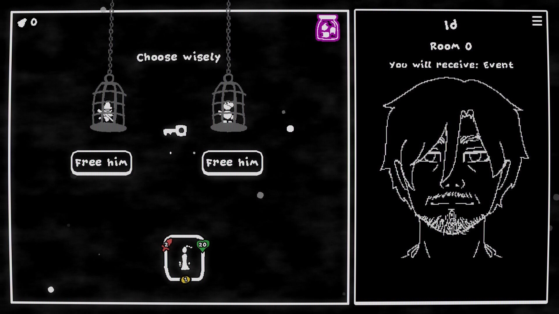Depth of Mind: Choice event to free one of two caged figures, with room info panel and portrait UI.