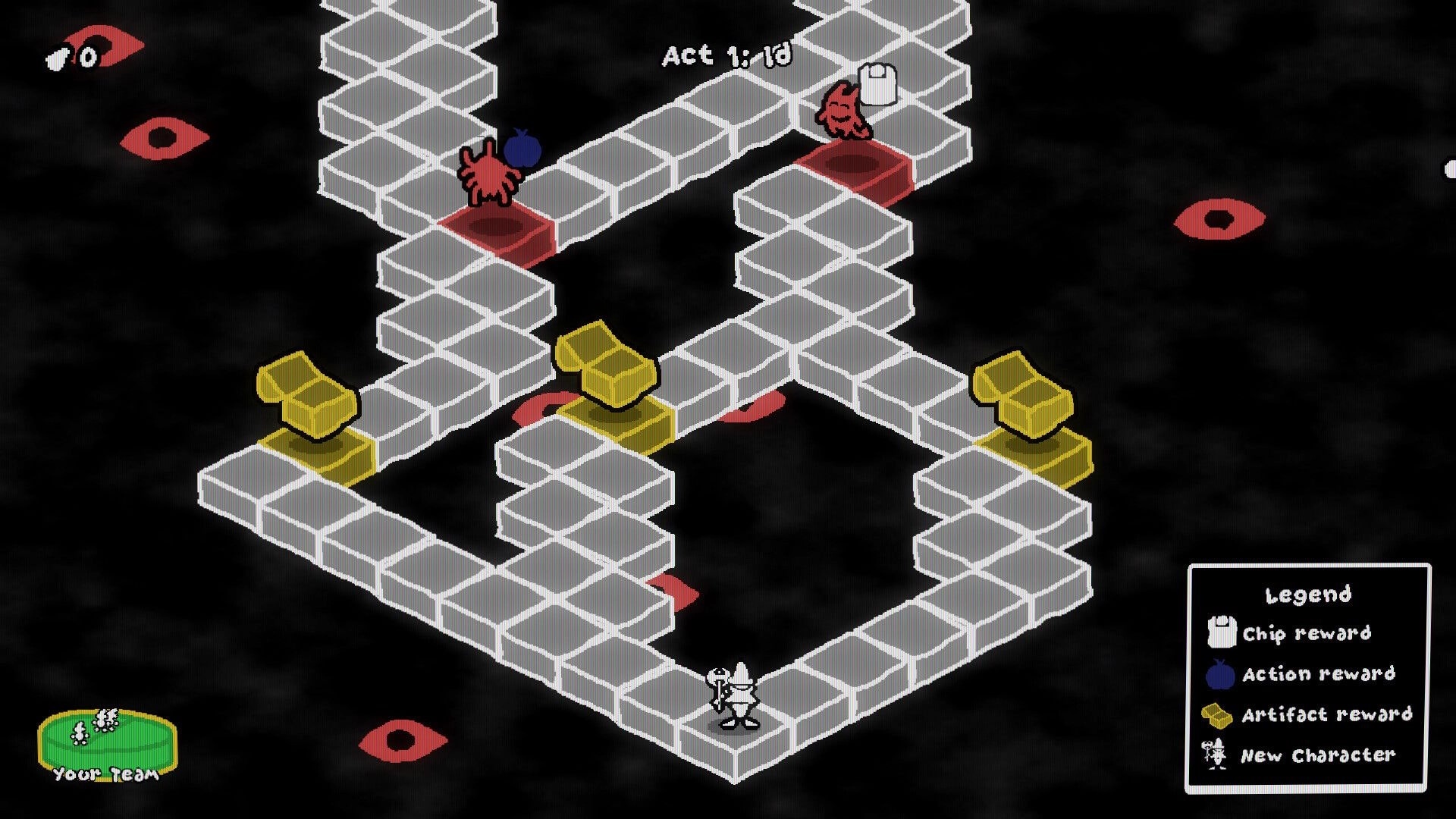 Depth of Mind: Isometric path map with nodes and rewards, Act 1/10, legend UI on dark backdrop.