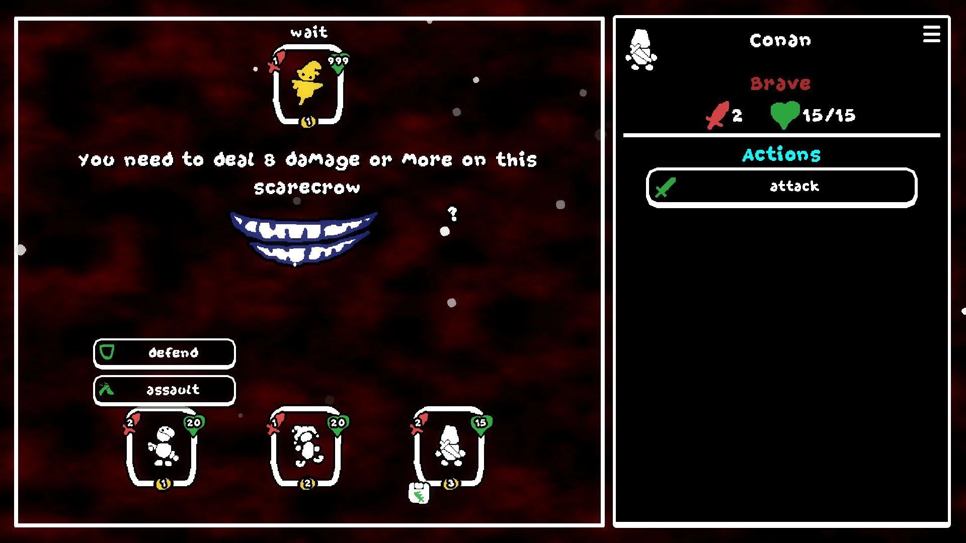 Depth of Mind: Turn-based battle UI with defend/assault options and Conan action panel on right side.