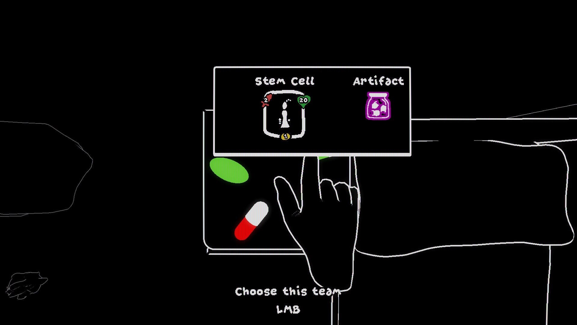 Depth of Mind: Team selection UI highlighting Stem Cell and Artifact icons over a bed scene with hand cursor.