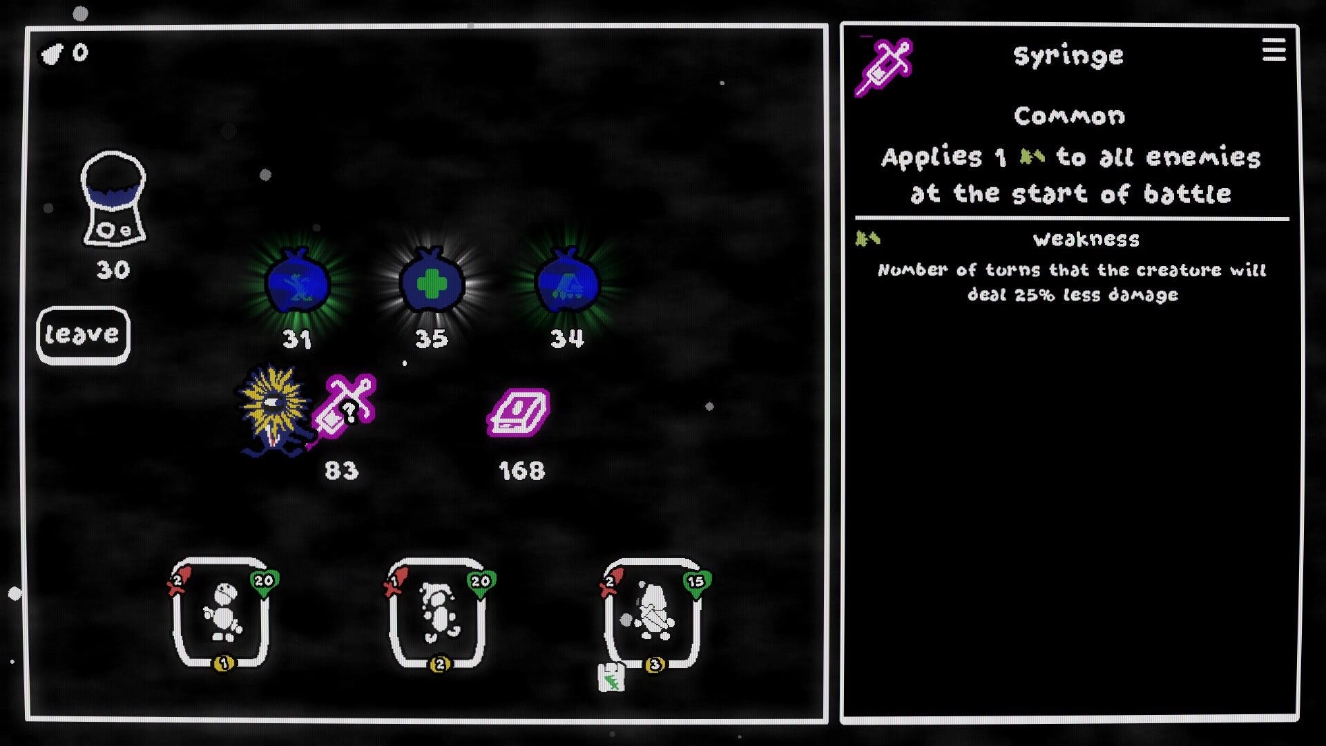 Depth of Mind: Inventory screen with item icons and Syringe tooltip on a dark, starry backdrop.