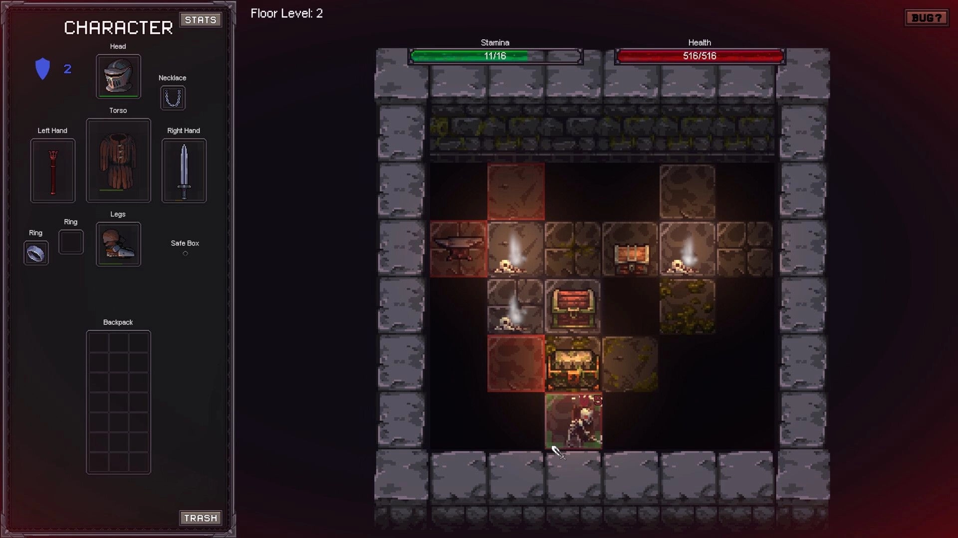 DepthLoot: Character equipment UI beside Floor Level 2 room with chests, skull candles, stamina/health bars.