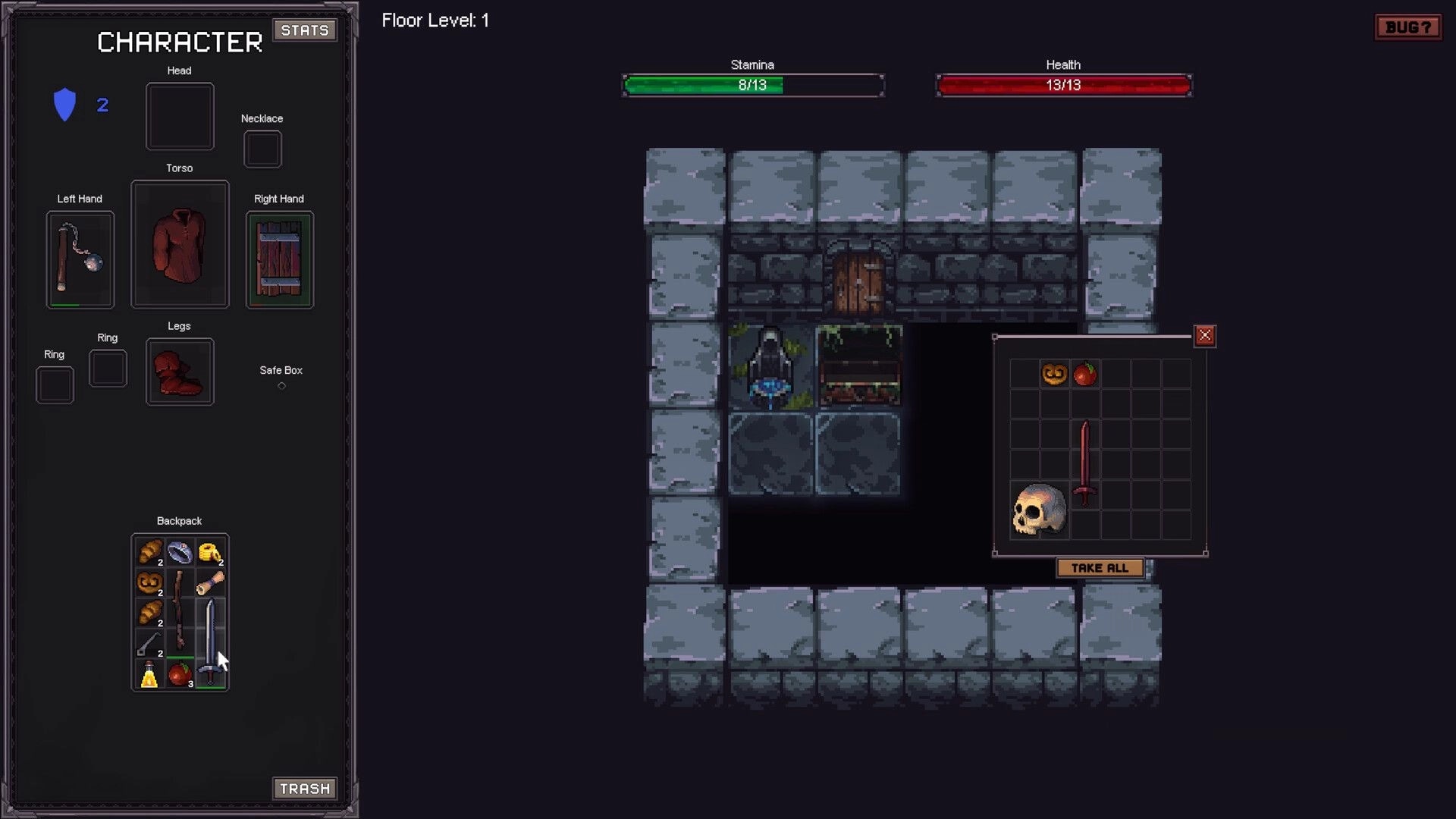 DepthLoot: Character inventory and loot chest UI in a stone dungeon room on Floor Level 1.