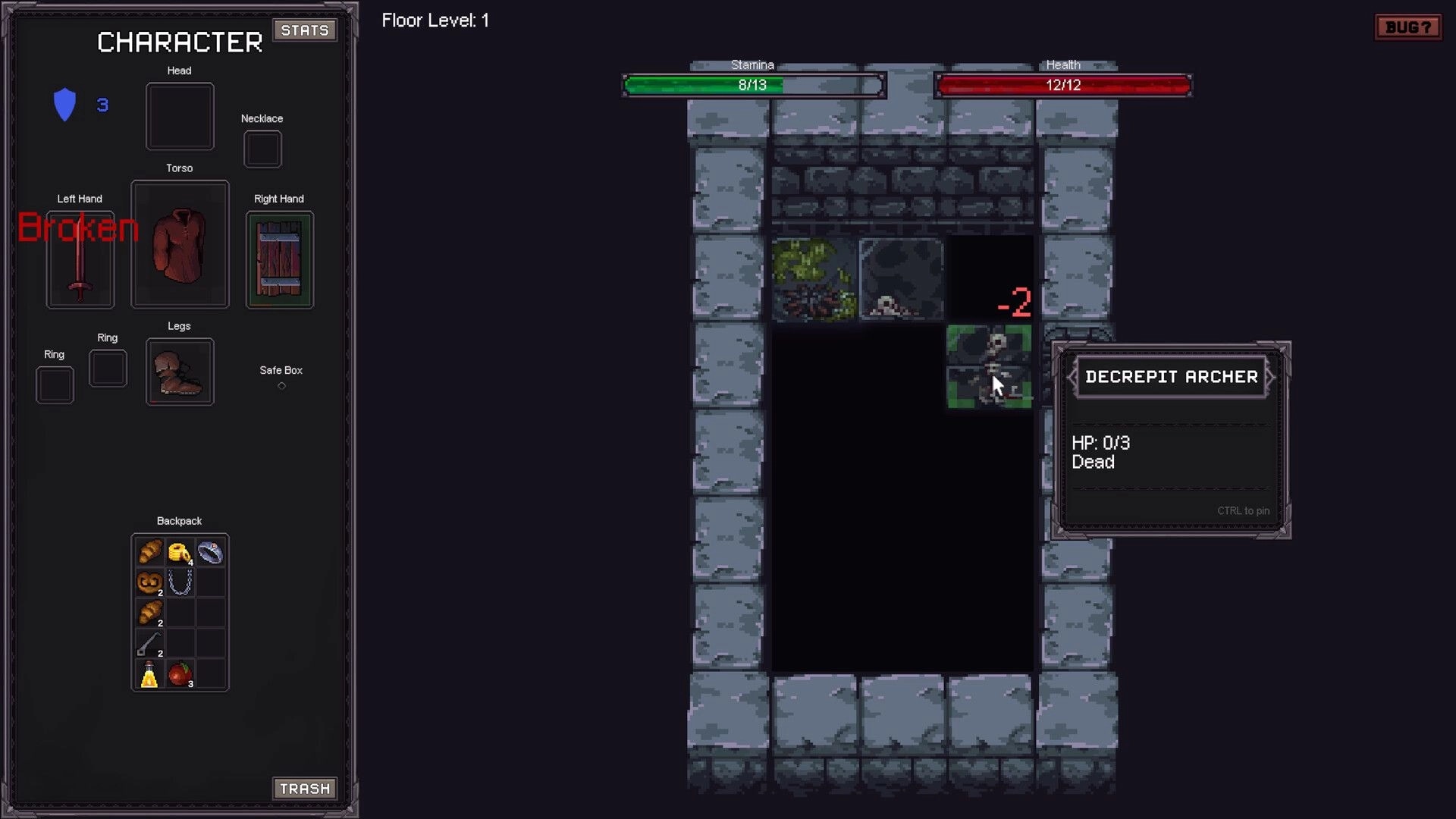 DepthLoot: Character inventory and stats open as a dead Decrepit Archer is targeted in a stone corridor.