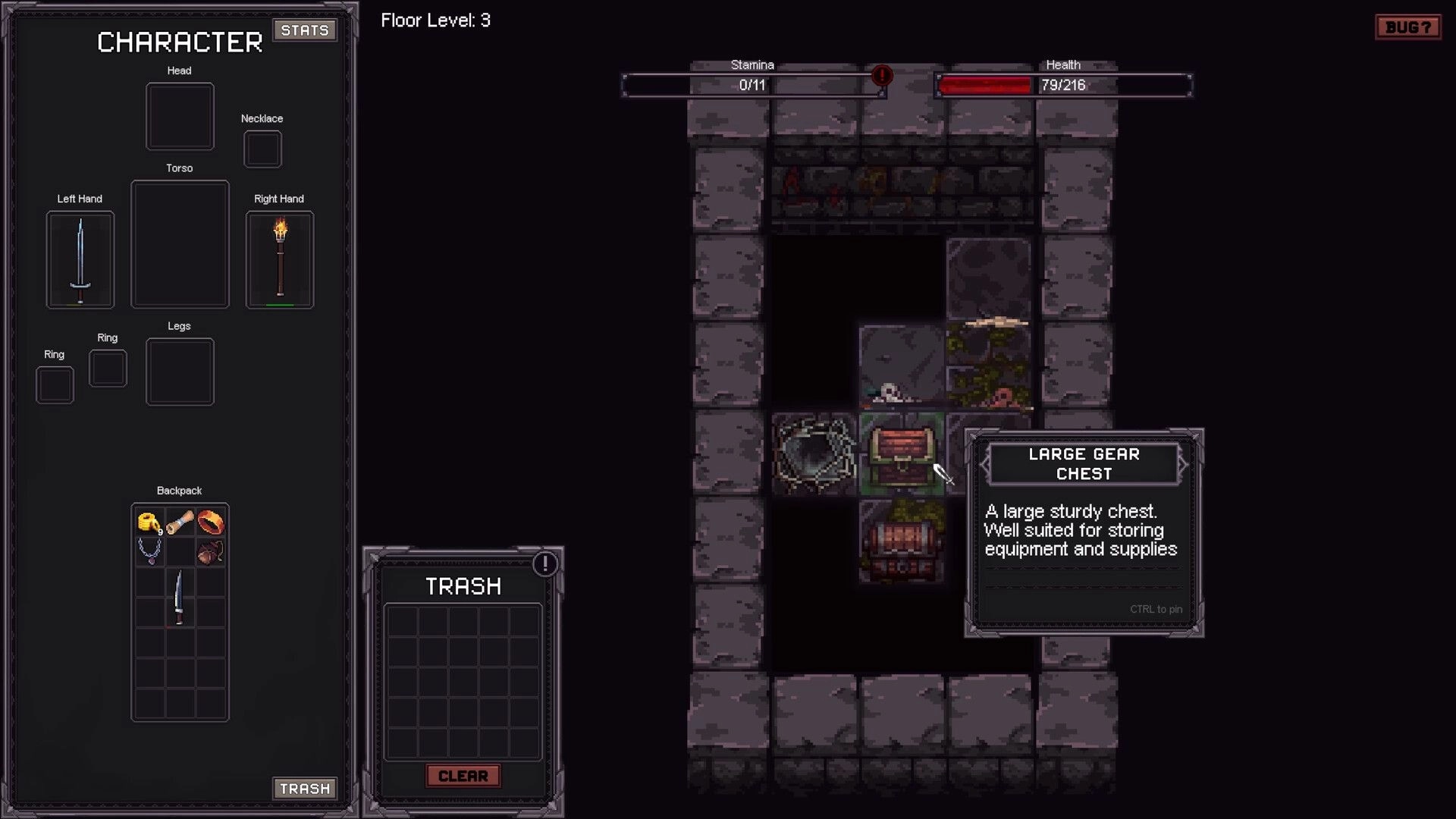 DepthLoot: Character inventory and trash UI open while hovering large gear chest in stone dungeon room.