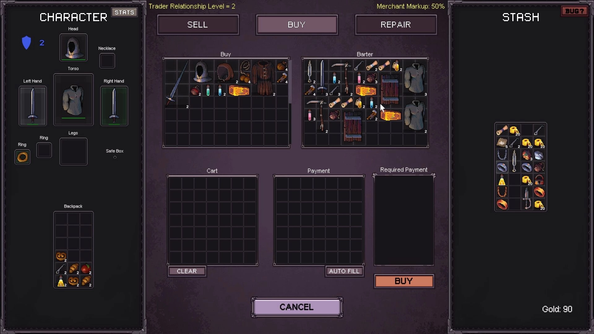 DepthLoot: Trader buy and barter inventory UI with gear slots, stash grid, and cart panels menu.