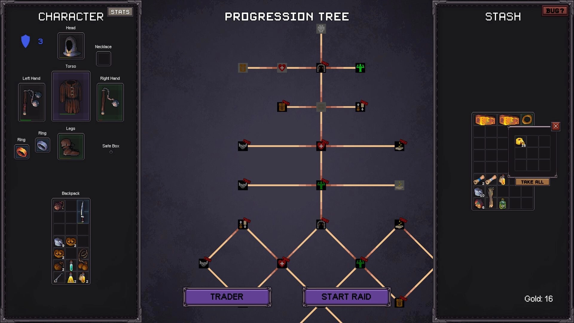 DepthLoot: Progression tree and character gear menus with stash grid and Start Raid button on hub screen.