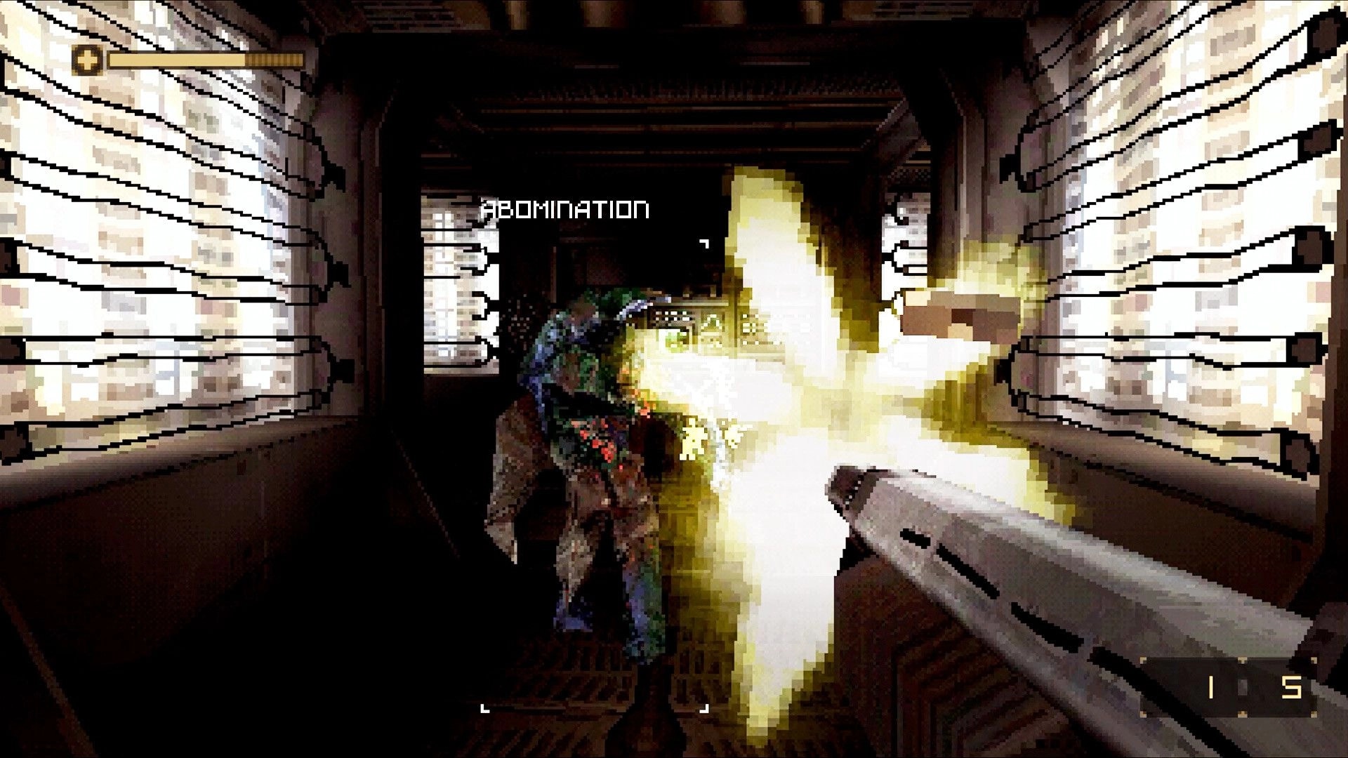 DERELIKT: Shotgun firing at an ABOMINATION in a tight metal corridor, ammo 1/5 and health bar UI visible.