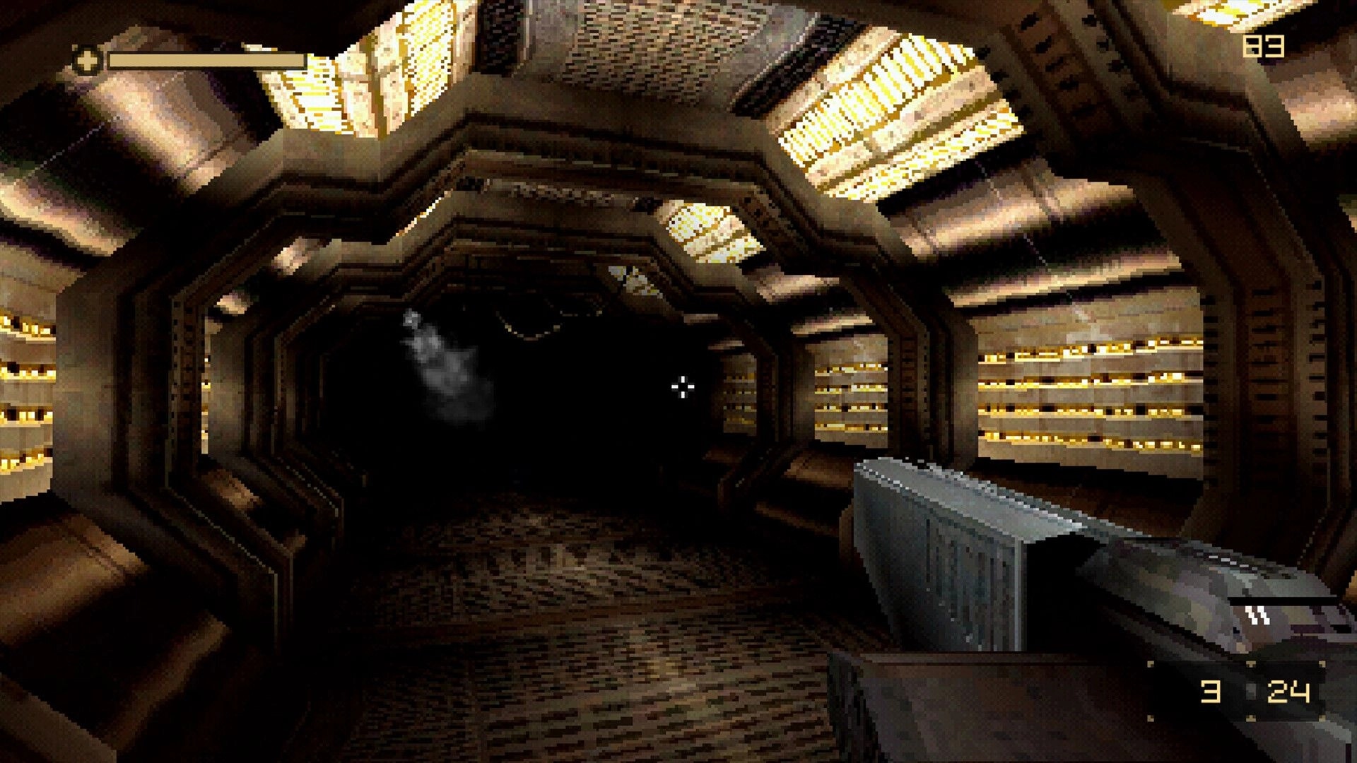 DERELIKT: First-person gun aimed down a dim metal corridor with vents, crosshair, ammo and health UI.