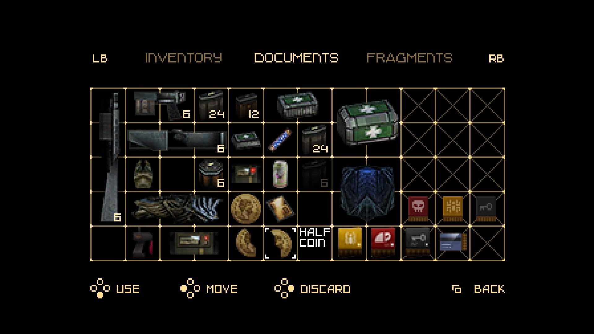 DERELIKT: Documents inventory grid with ammo, medkits, keycards and HALF COIN selected on black UI.