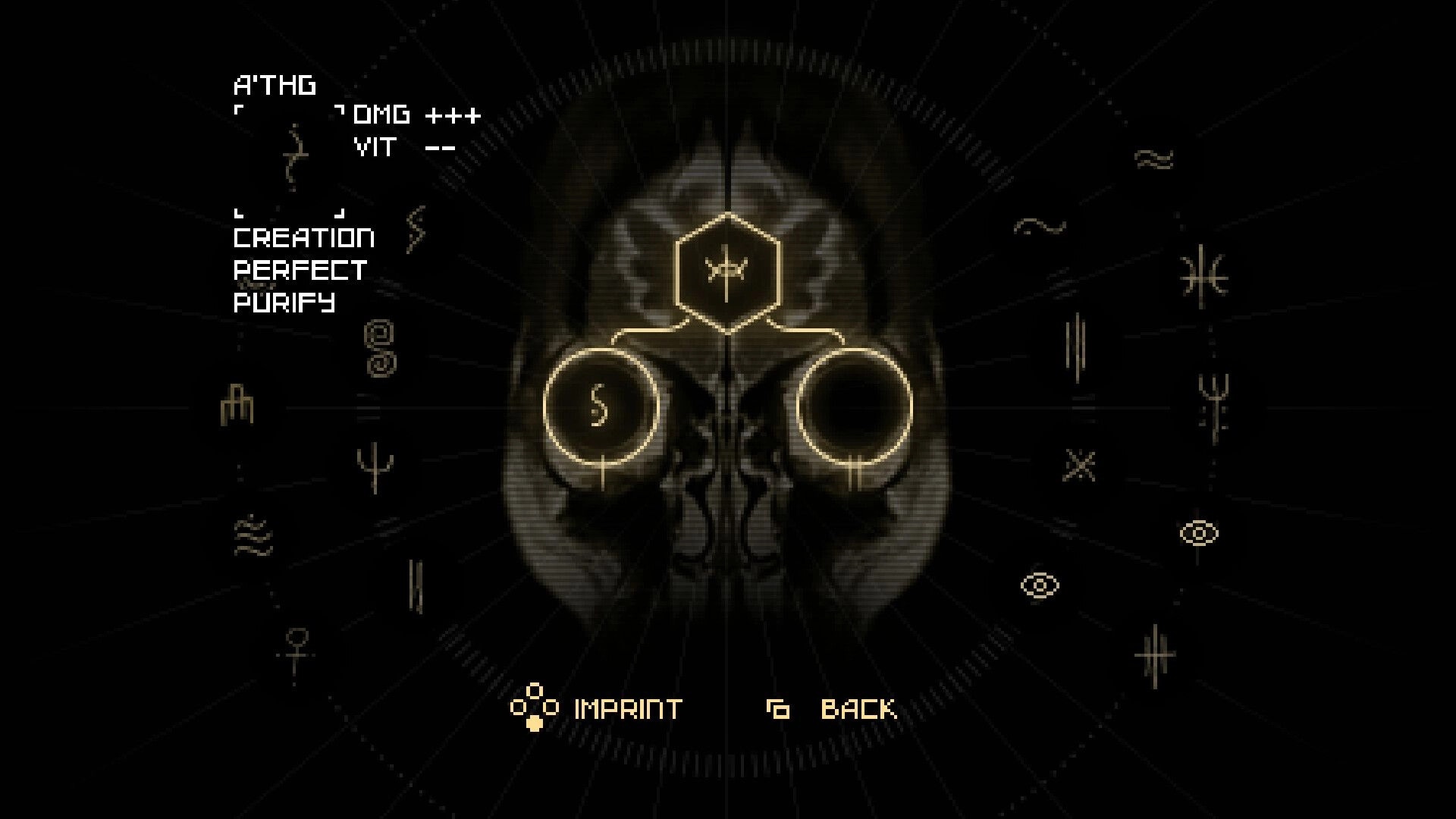 DERELIKT: Occult imprint selection menu with skull diagram and glyph icons on a dark HUD screen.
