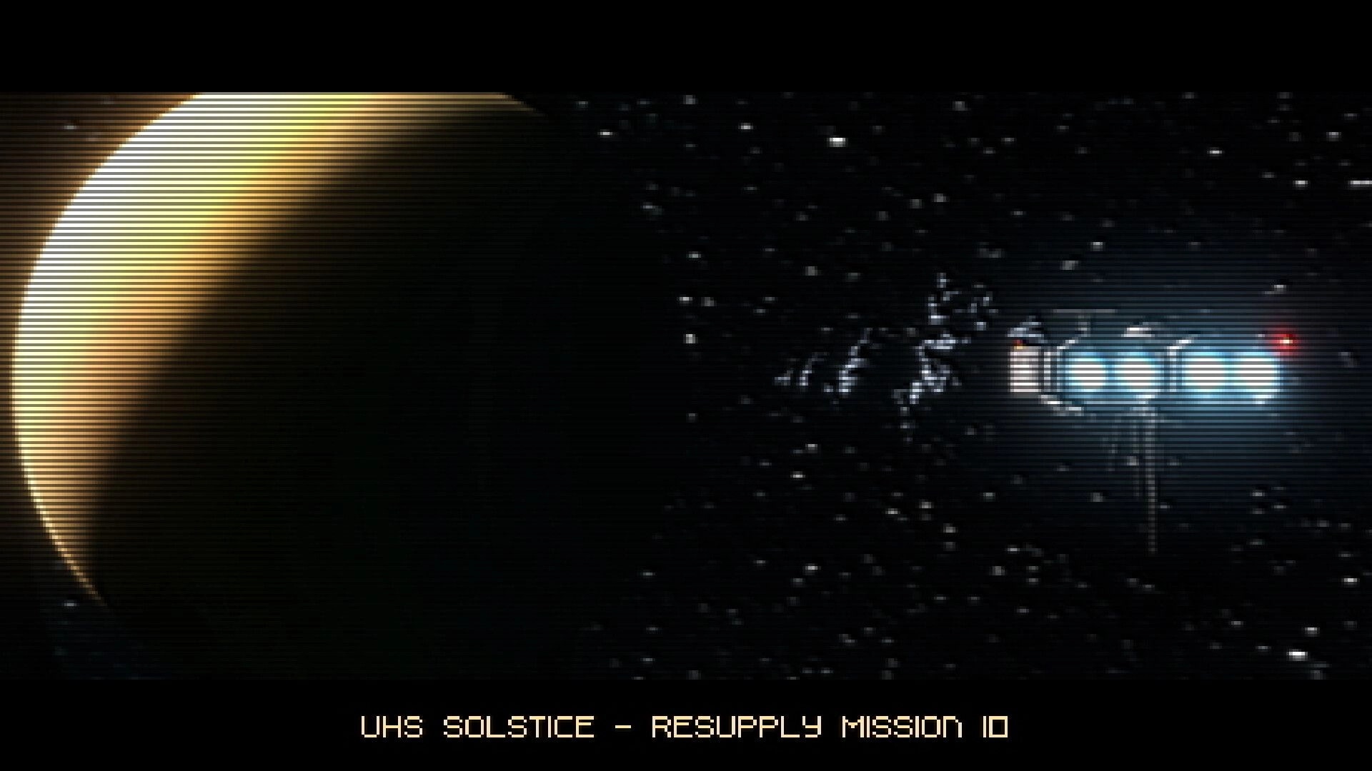 DERELIKT: VHS-style space view of a ship near a planet, title text "UHS SOLSTICE - RESUPPLY MISSION 10".