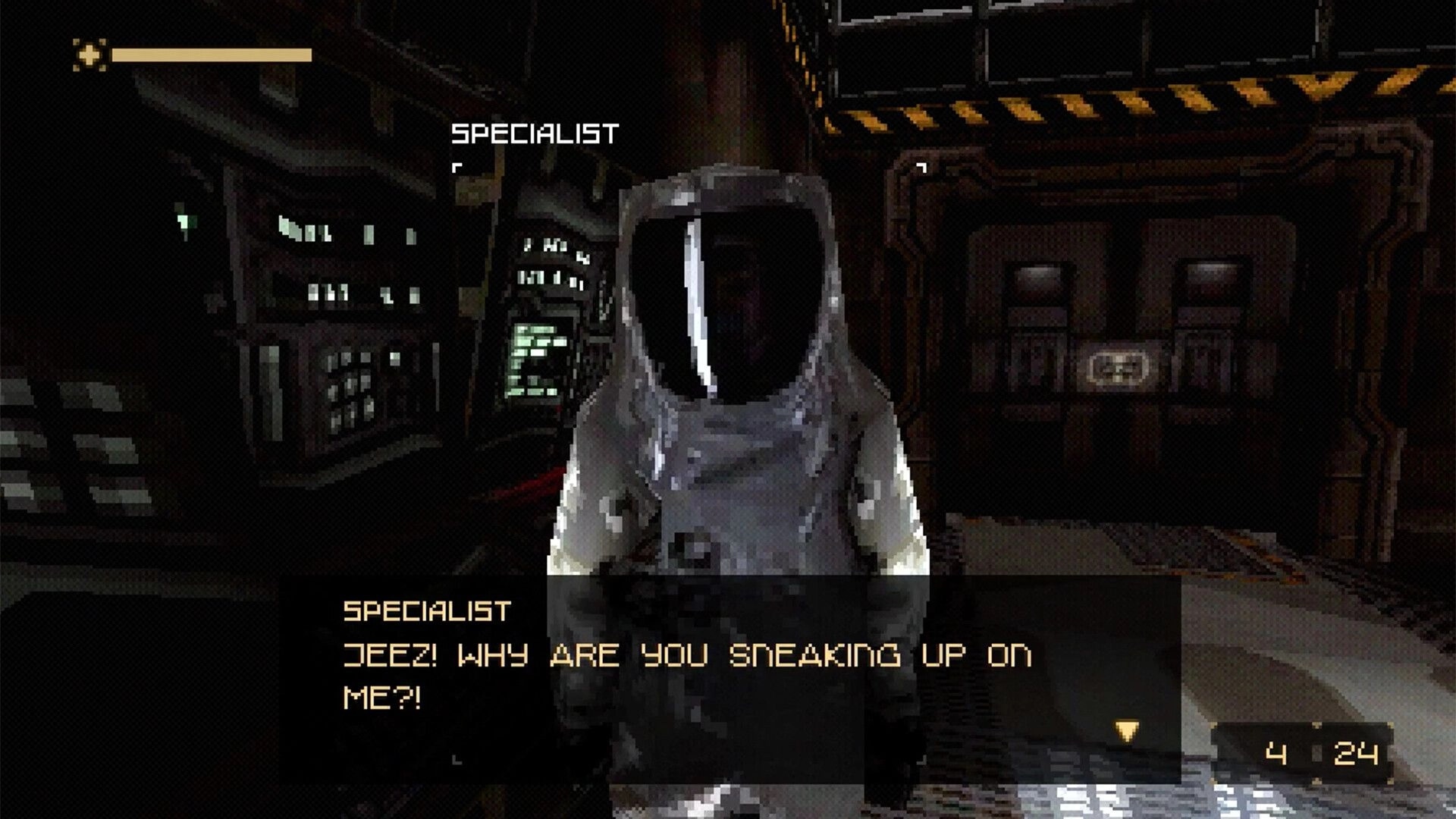DERELIKT: Talking to a hazmat-suited Specialist with dialogue box in a dim industrial corridor HUD visible.