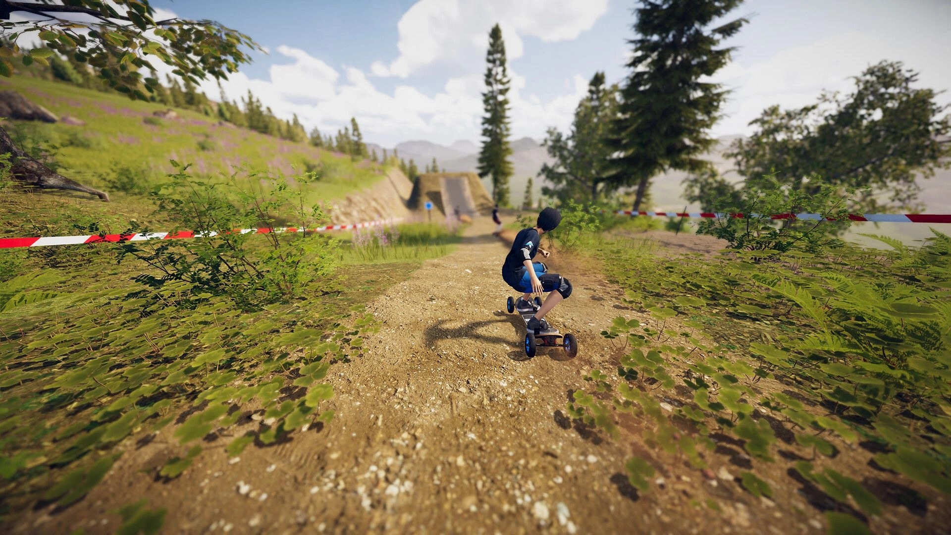 Descenders Next: Player navigating a dirt track on a mountain board in a lush, forested environment