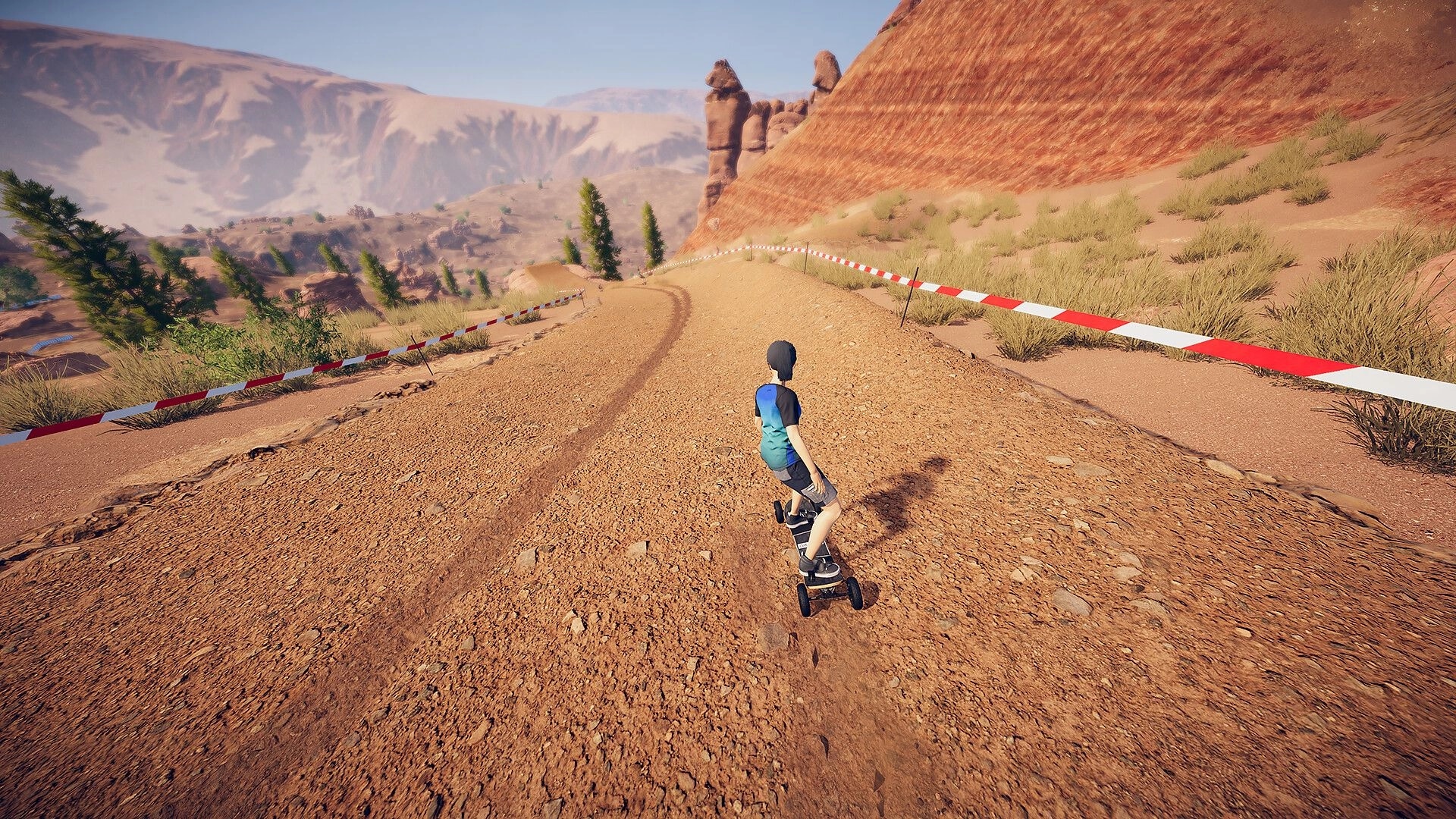 Descenders Next: Player riding down a dirt track on a mountain board in a desert canyon environment