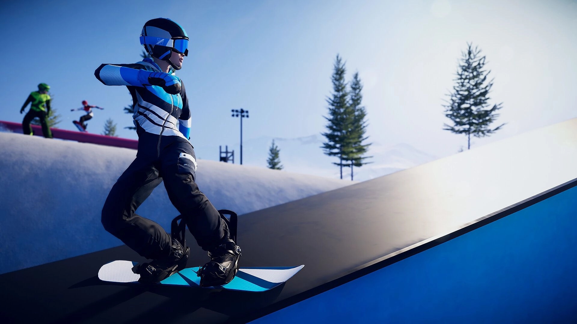 Descenders Next: Snowboarder performing tricks on a ramp in a snowy mountain park with others nearby