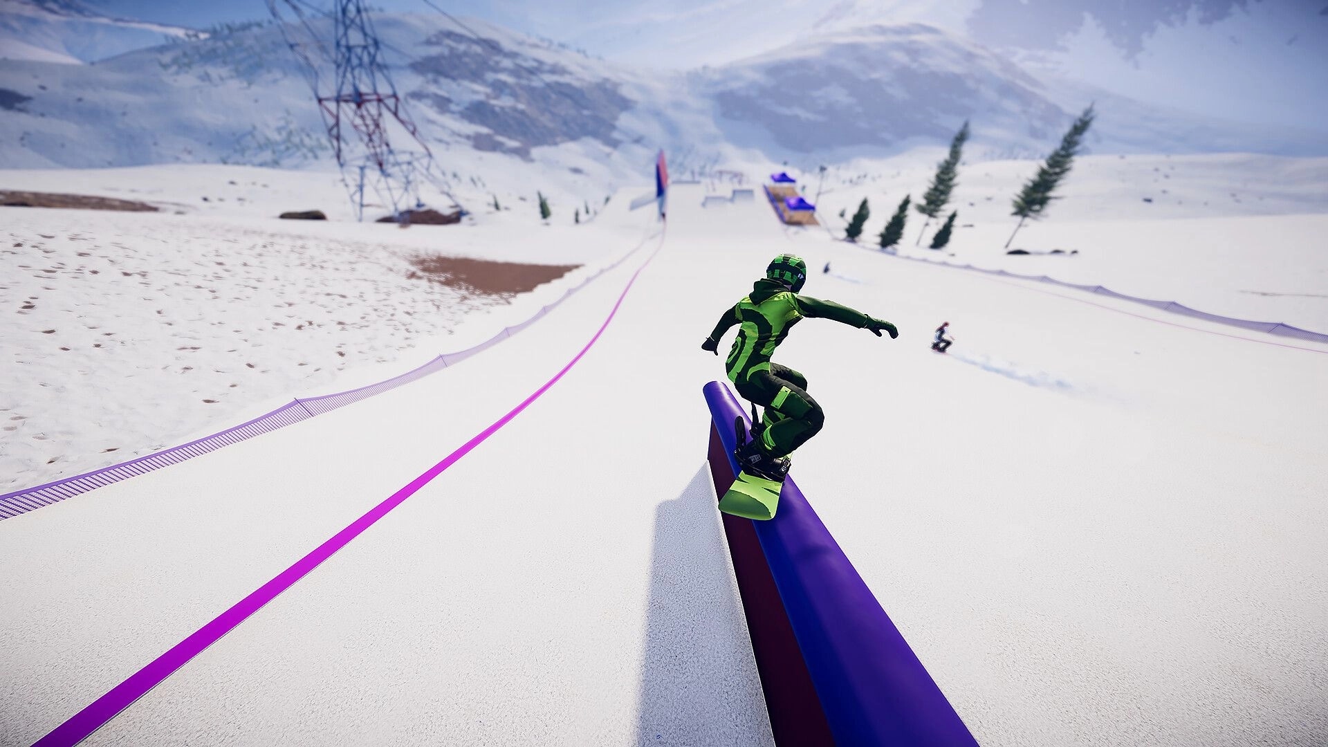 Descenders Next: Snowboarder grinding a rail on snowy mountain slope with distant rider in background