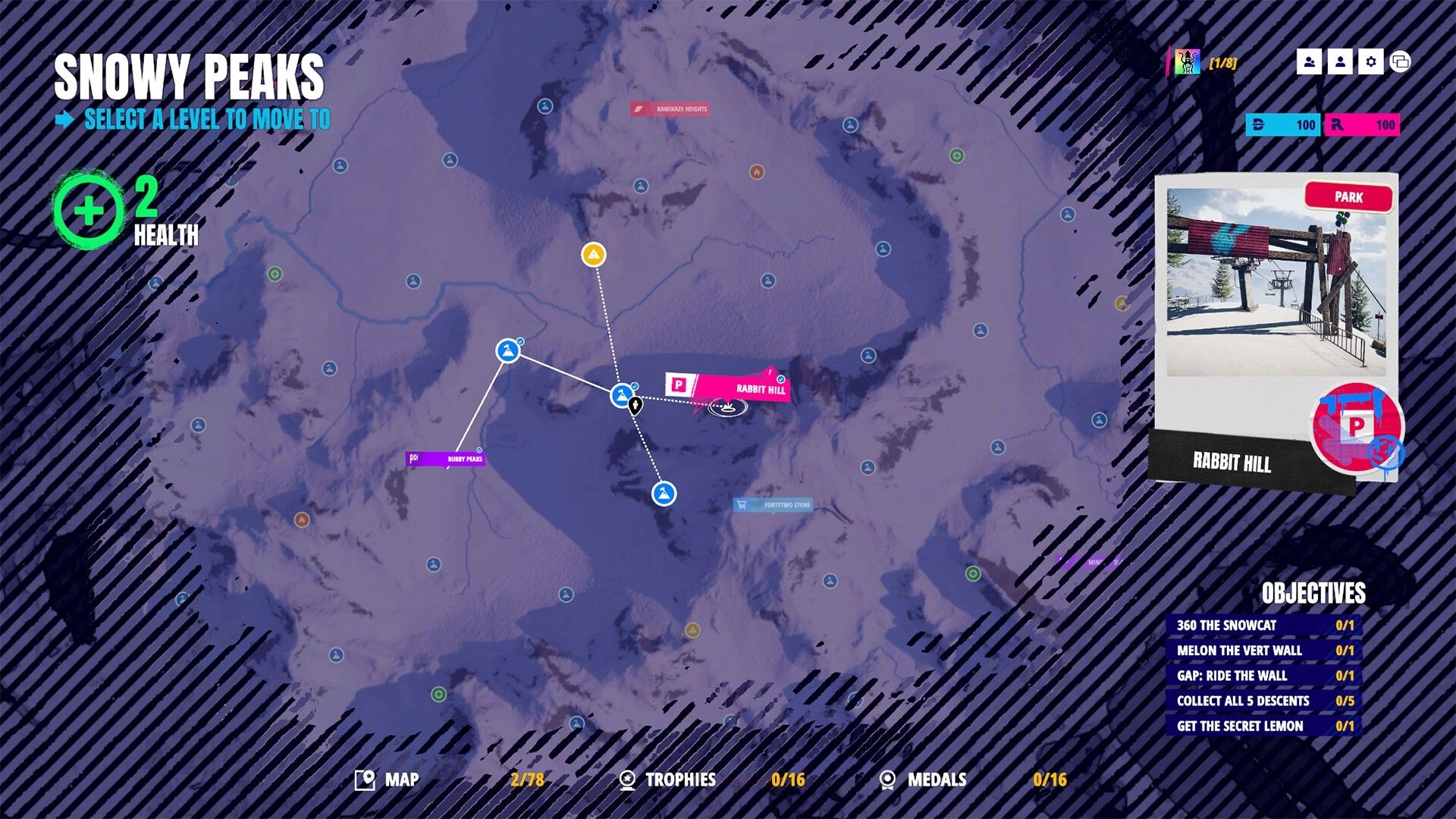 Descenders Next: Map interface showing level selection at Snowy Peaks with Rabbit Hill park highlighted