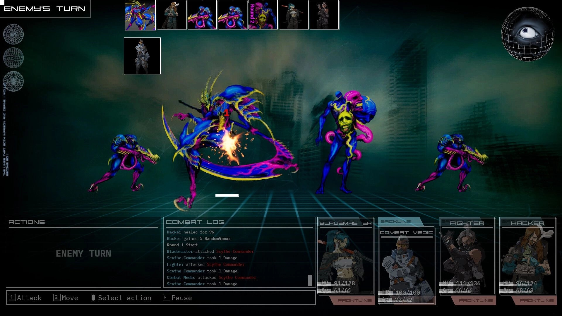 Descent Of Lunaris: Enemy's turn in combat with neon creatures and character stats on futuristic grid stage
