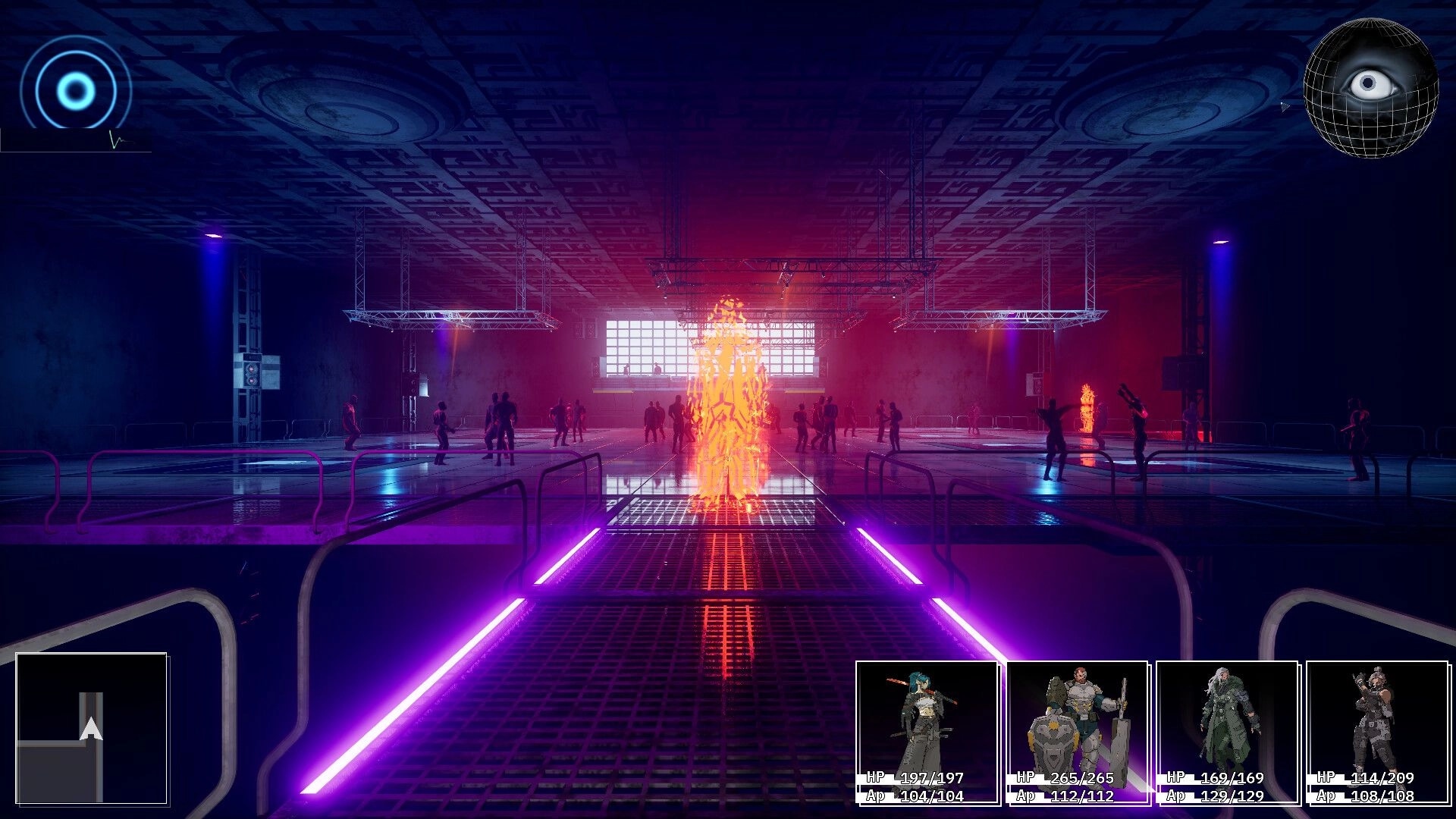 Descent Of Lunaris: Character approaches glowing orange figure in dark futuristic hall with party HUD displayed.