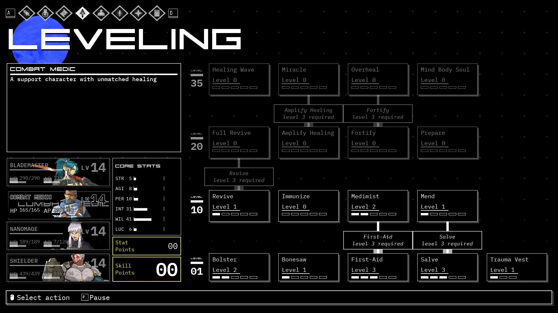 Descent Of Lunaris: Character leveling screen with skill tree for Combat Medic and core stats display