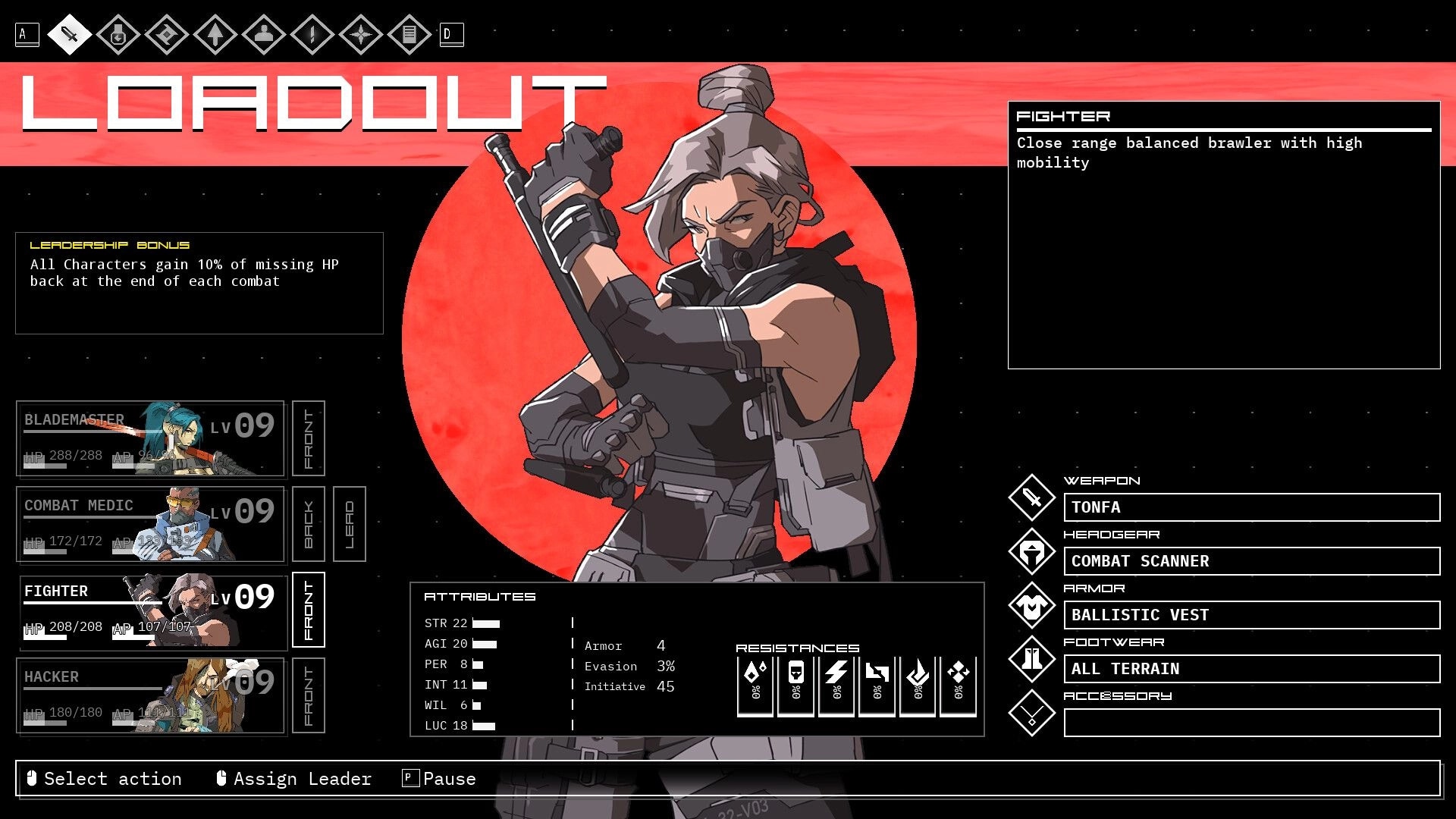 Descent Of Lunaris: Character loadout screen with fighter stats and equipment options against red moon backdrop