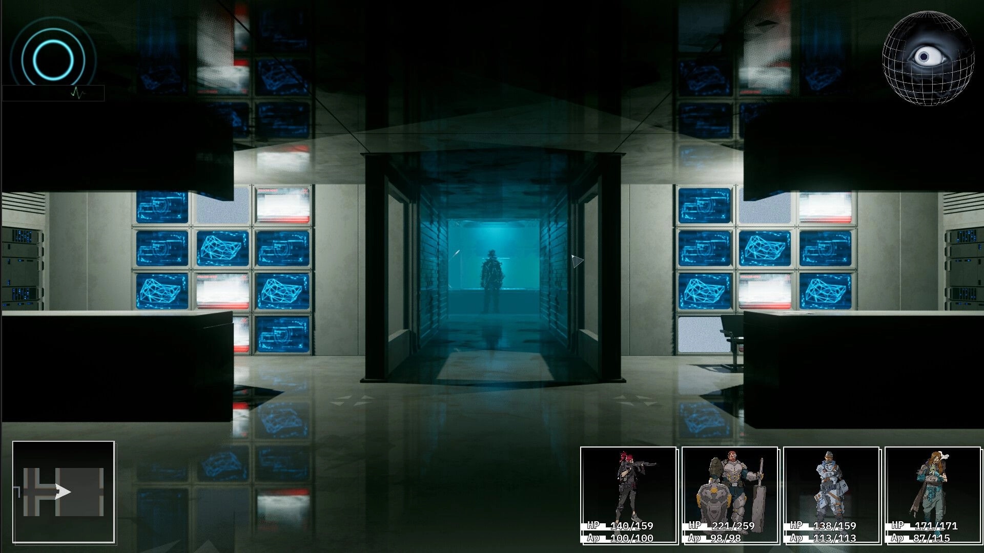 Descent Of Lunaris: Character in a futuristic hallway with blue screens, team status visible at bottom.