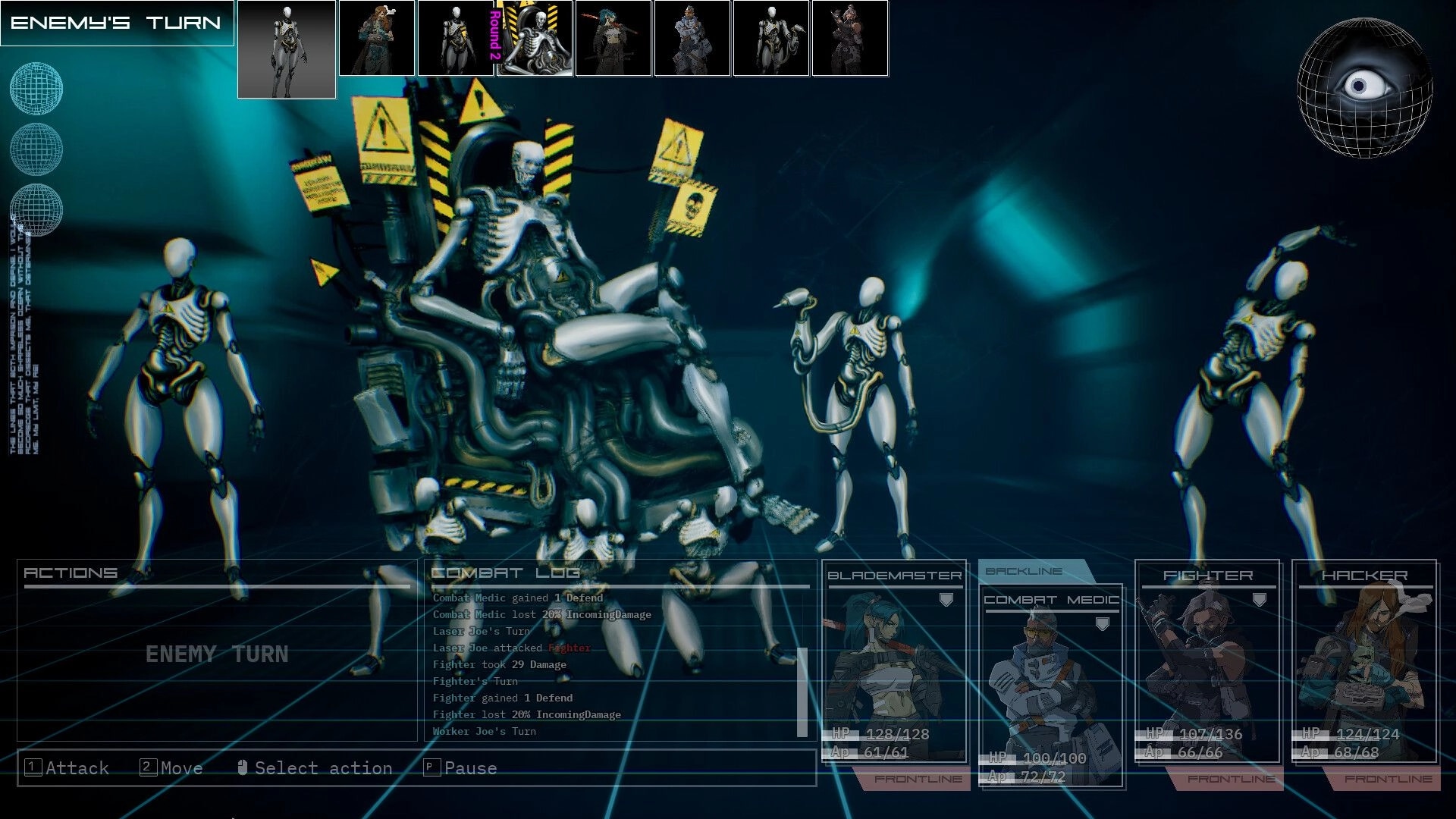 Descent Of Lunaris: Enemy robots in combat phase inside a futuristic dungeon with action menu visible