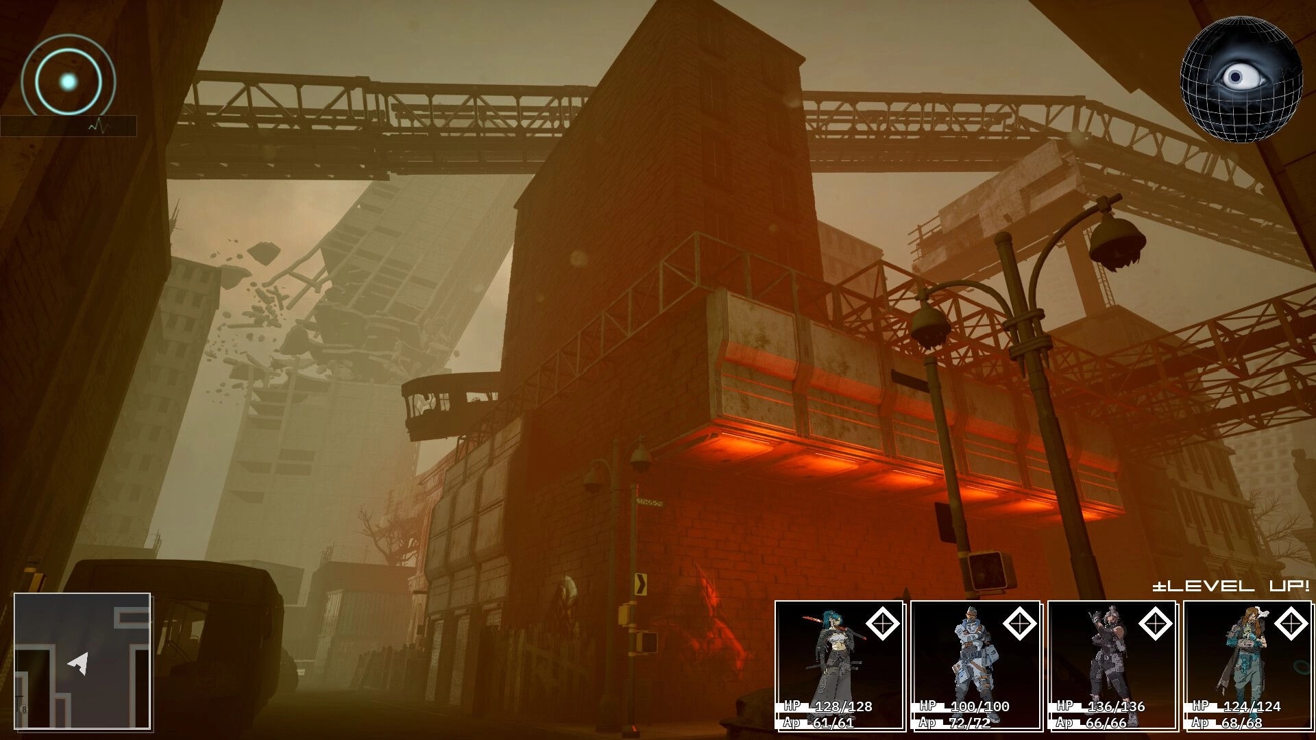 Descent Of Lunaris: Dark cityscape with crumbling buildings; character stats and minimap displayed prominently.