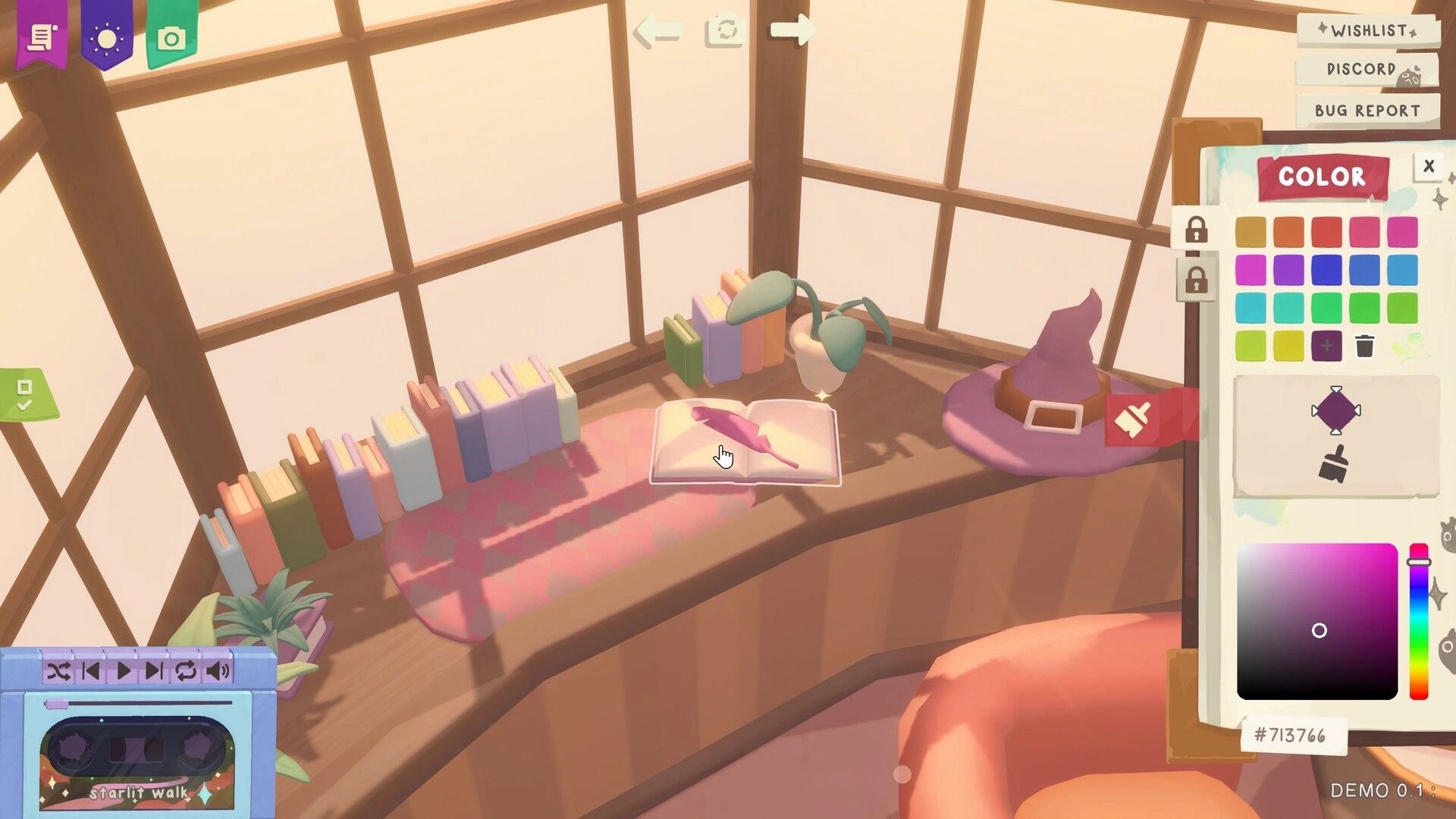 Design and Conjure: Dalia's study desk with books, witch hat, color palette, and interactive UI elements.